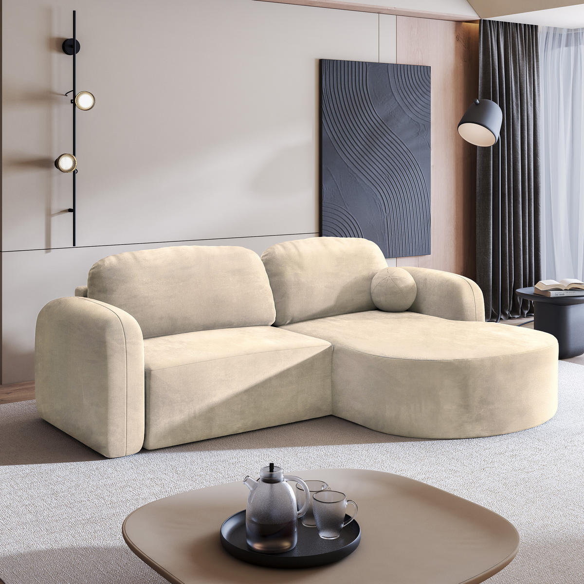 ECKSOFA AMILIA M R-S Creme Velours-Stoff mit Schlaffunktion - Creme, Holz (263/174cm) - MASSENO