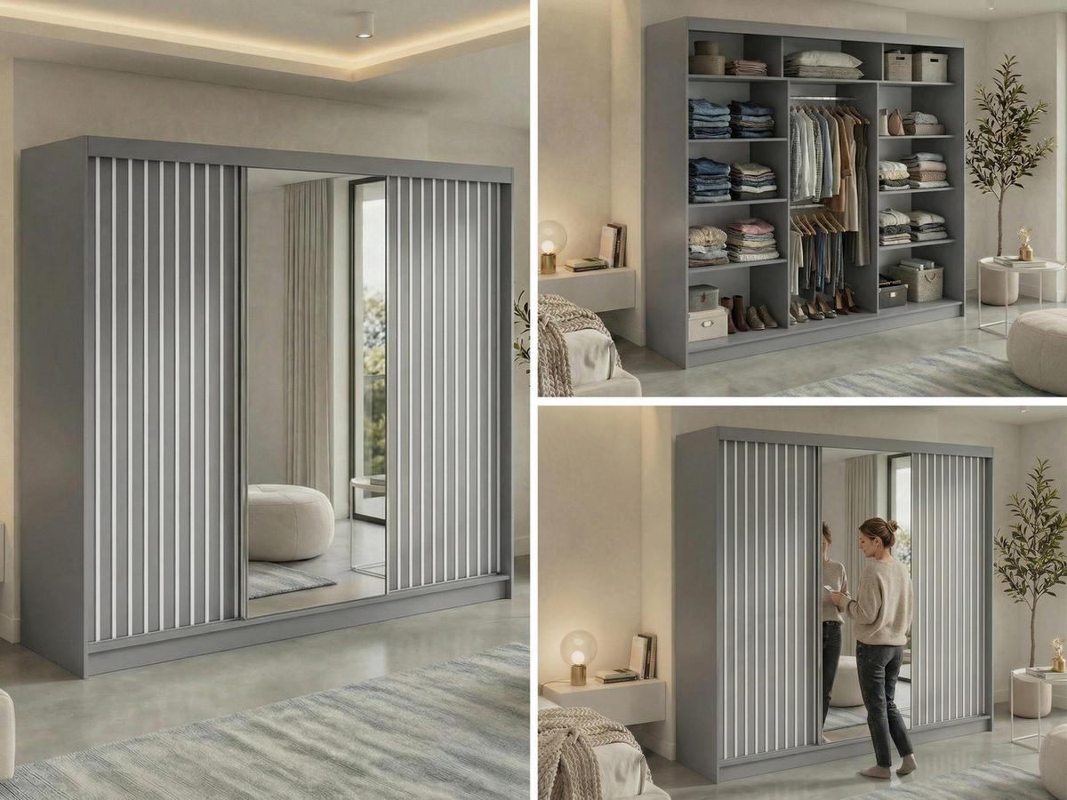 SCHWEBETÜRENSCHRANK mit Spiegel LAOS - 240 - Grau - Weiß Lamellen - Alufarben/Weiß, Holzwerkstoff/Metall (240/216/61cm) - MKS