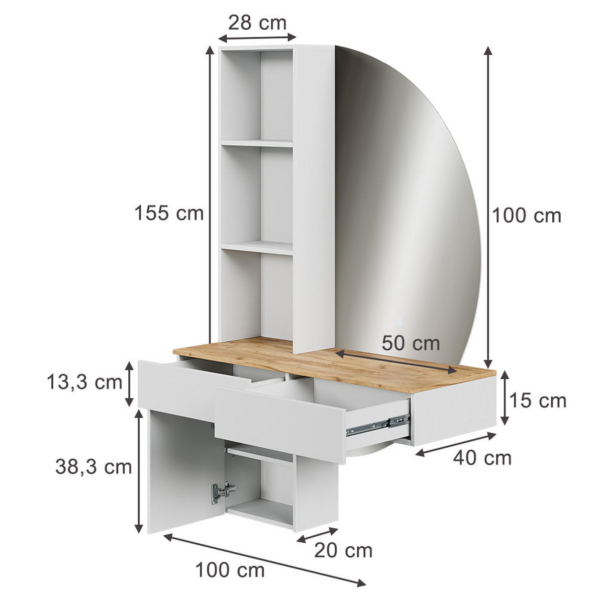 SCHMINKTISCH Melora Weiß/Eiche 100 cm mit LED-Spiegel - Weiß, Holzwerkstoff (100/155/40cm) - Vicco