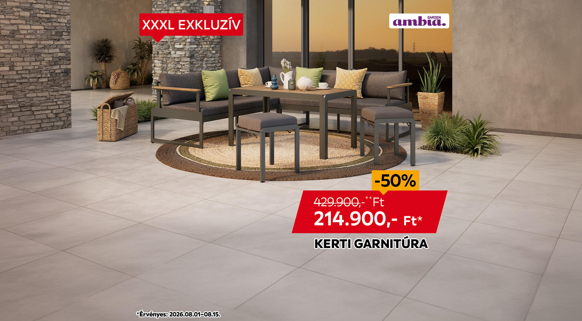 A lounge garnitúra 2026.08.01-15. között 429.900 Ft helyett csak 214.900 Ft/db az áruházakban és online.
