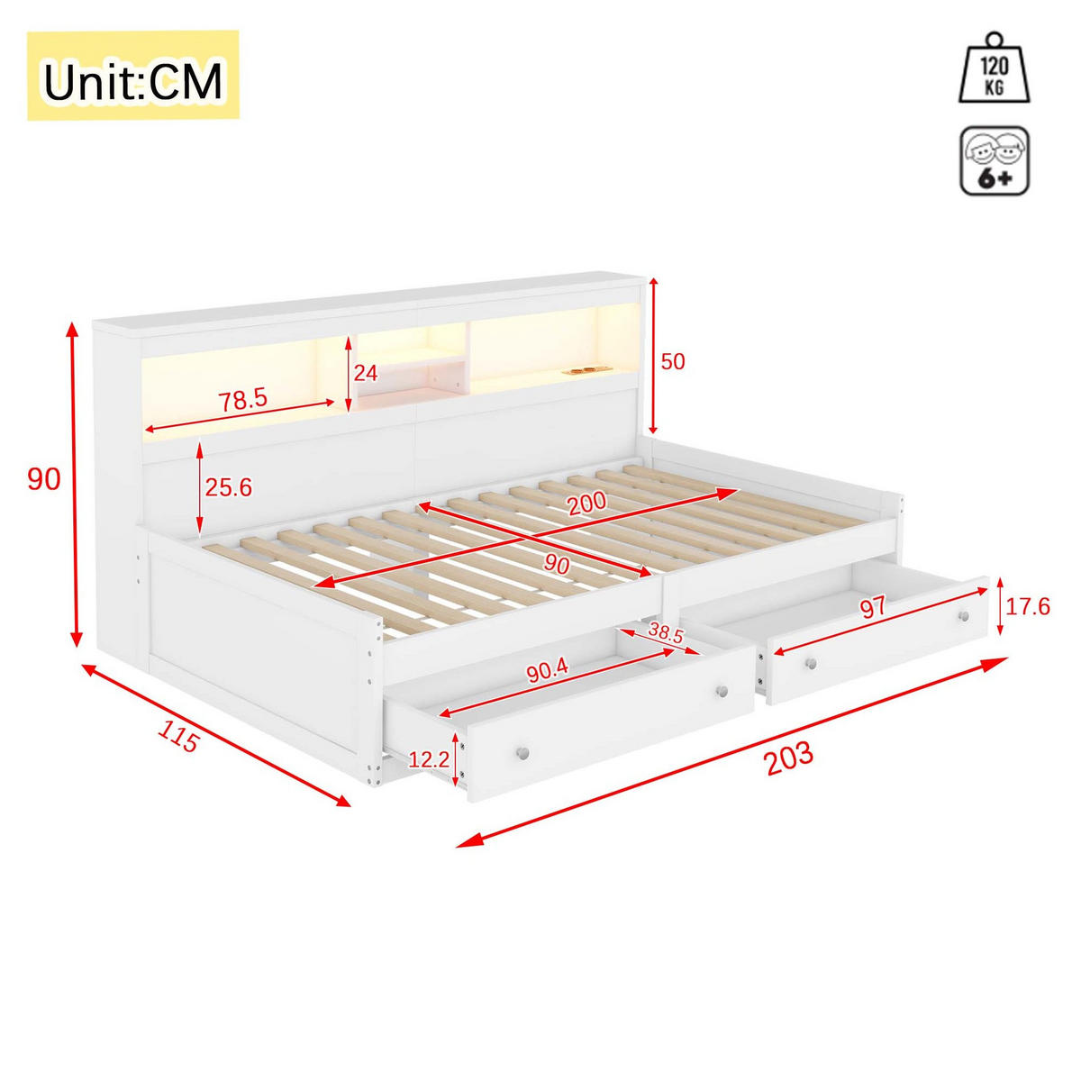 TAGESBETT 90/200 cm mit LED-Ambientebeleuchtung, 2 USB-Anschlüssen, 2 Steckdosen, 2 Schubladen und Spanplatte/MDF, Weiß/Natur - Weiß, Holzwerkstoff (90/200cm) - Redom