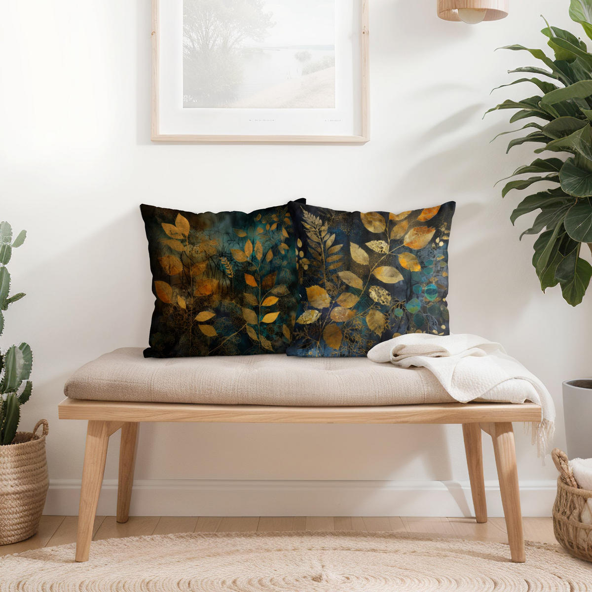 DEKOKISSEN 2er-Set Goldene Blätter auf Blau Duo 40/40 cm - Goldfarben, Textil (40/40cm) - Bilderwelten