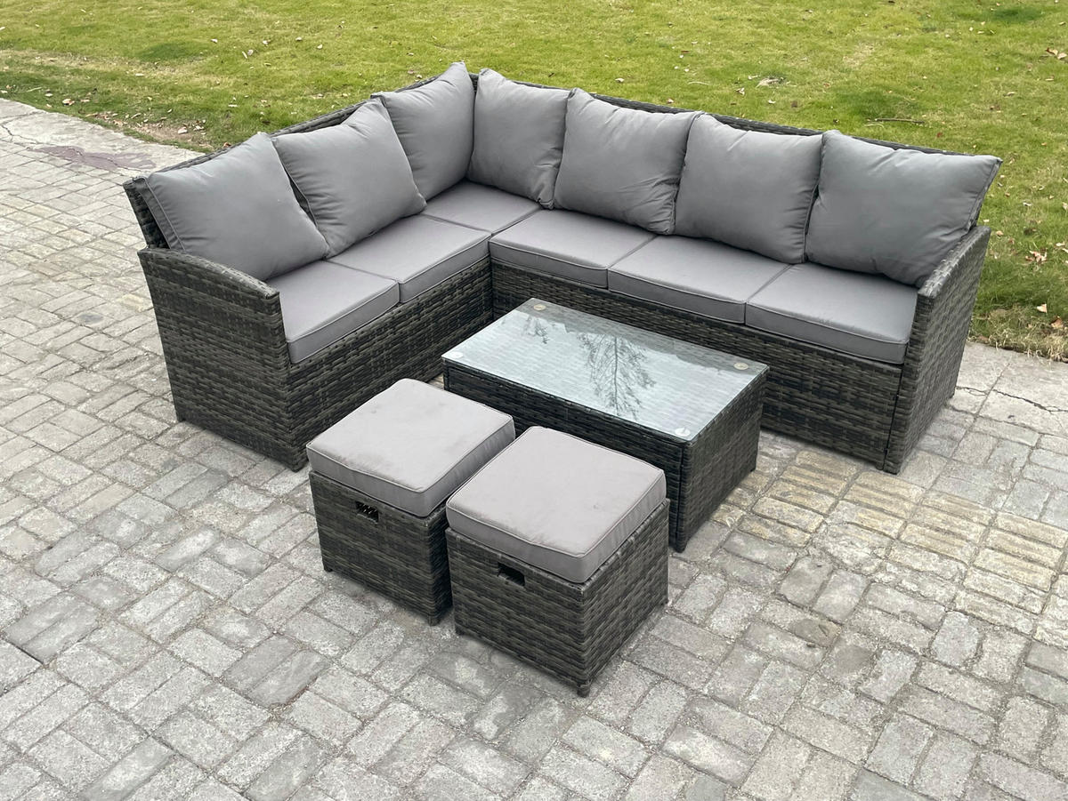 GARTENSET mit Couchtisch Polyrattan Dunkelgrau 8-Sitzer - Dunkelgrau/Grau, Glas/Kunststoff - Fimous
