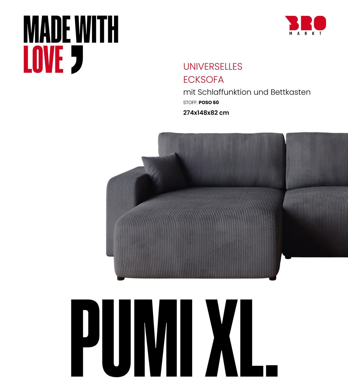 ECKSOFA PUMI XL mit Schlaffunktion Grau Cord - Grau, Textil (274/148cm) - Bromarkt