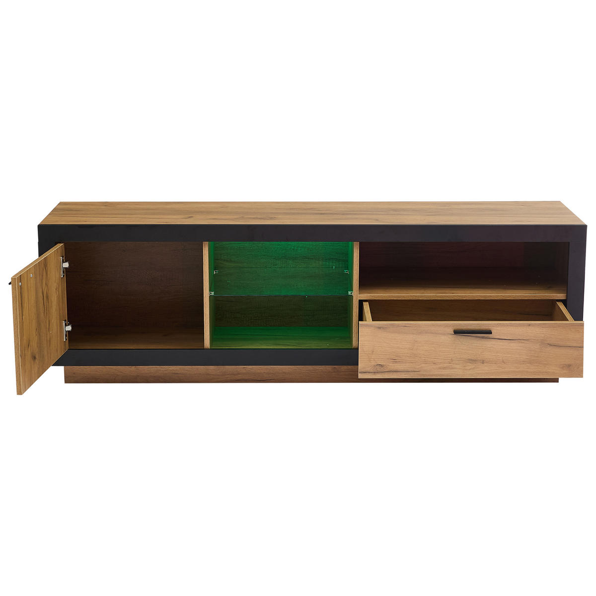 TV-ELEMENTLED 160x40x50cm mit App-Steuerung und Glasböden Schwarz-Eiche - Schwarz, Holz (50.8/14.61/74.3cm) - Raelunyi