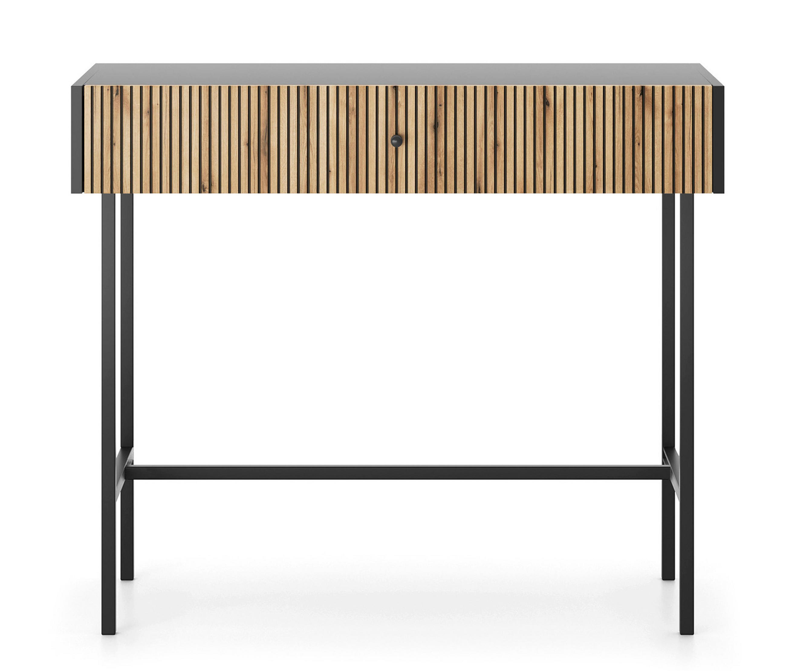 KONSOLENTISCH Dinley 1S Schwarz, Braun 93,2/79/39 cm – mit langen Beinen und Lamellenfront - Schwarz/Braun, Holzwerkstoff/Metall (39/93.2/79cm) - AX Living