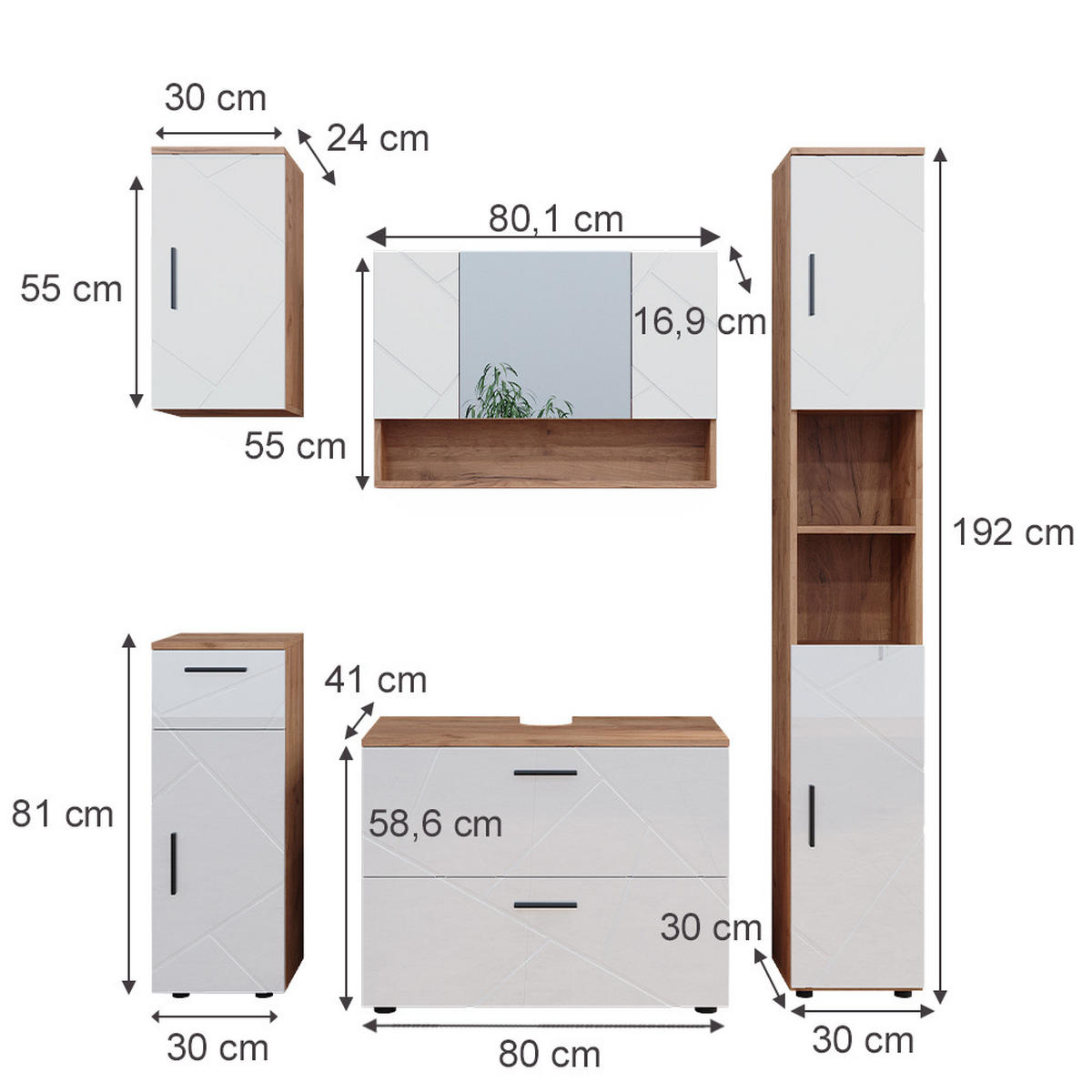 BADMÖBEL-SET Irma Weiß Hochglanz/Goldkraft Eiche 5 Teile - Weiß Hochglanz/Eiche Wotan, Holzwerkstoff (80/58.6/41cm) - Vicco