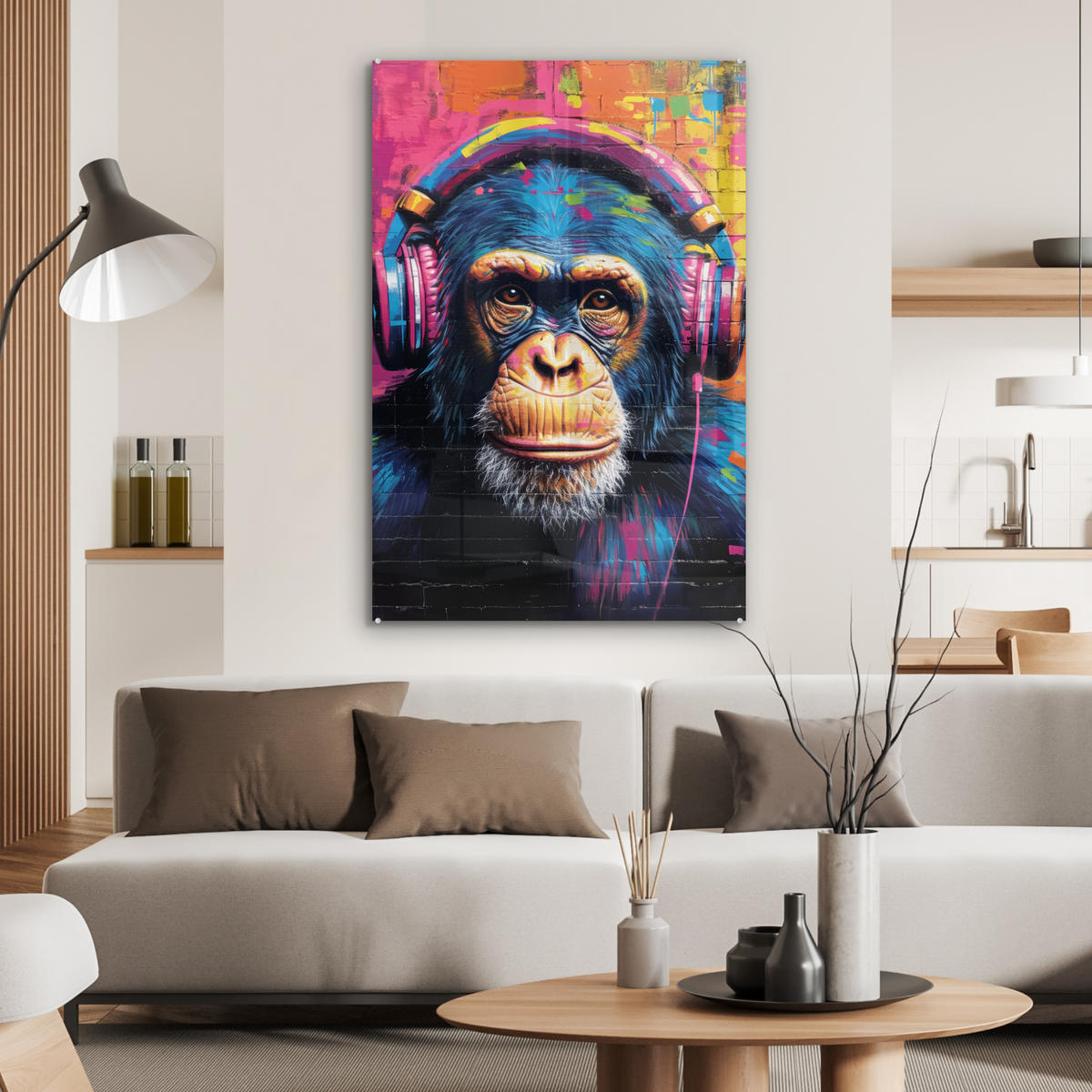 ACRYLGLASBILD Graffiti - Schimpanse - Straßenkunst - Kopfhörer - Affe 60x90 cm - Blau, Glas (60/90cm) - MuchoWow