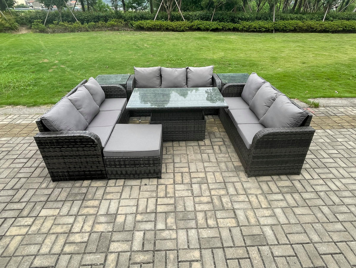 GARTENSOFA SET Polyrattan 10-Sitzer - Dunkelgrau/Grau, Glas/Kunststoff - Fimous