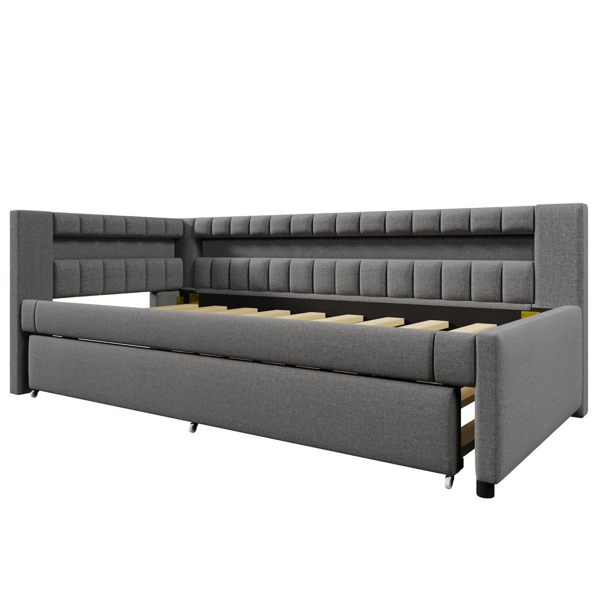 POLSTERBETT aus Leinen 90x200 cm in Grau mit LED & Ausziehbett - Grau, Textil (90/200cm) - Modfu