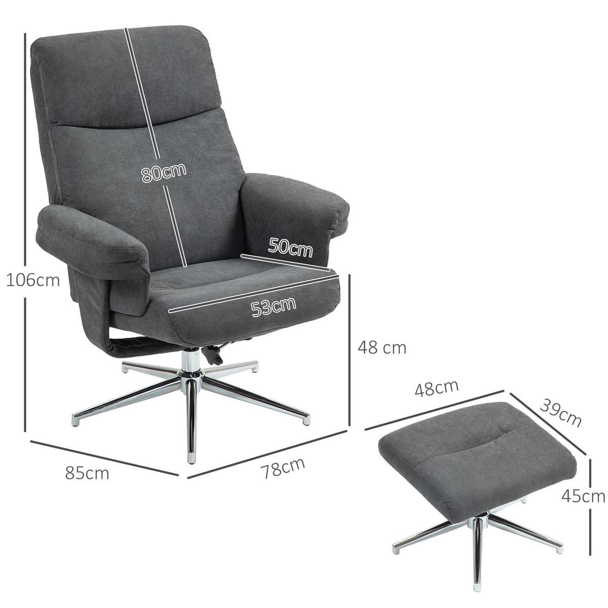 RELAXSESSEL mit Hocker, Gepolstert Fernsehsessel mit Liegefunktion, Liegesessel - Dunkelgrau, Kunststoff (78/106/85cm) - HOMCOM
