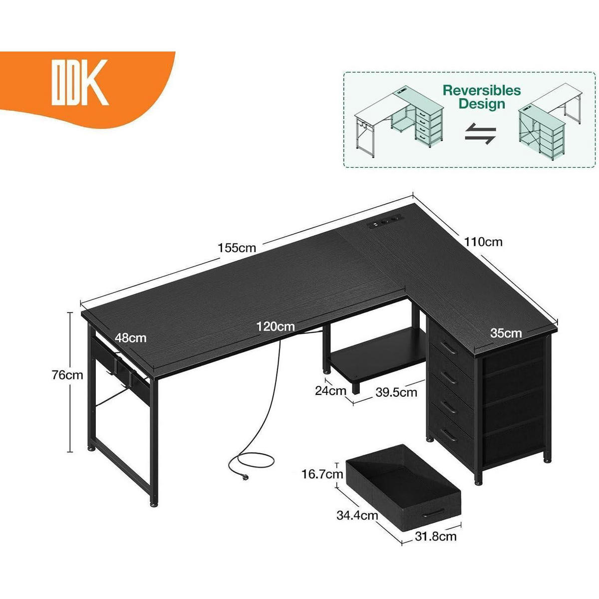 ECKSCHREIBTISCH mit Steckdosen und USB-Anschlüssen 155 x 110 cm Schwarz - Schwarz, Holzwerkstoff (110/155/76cm)