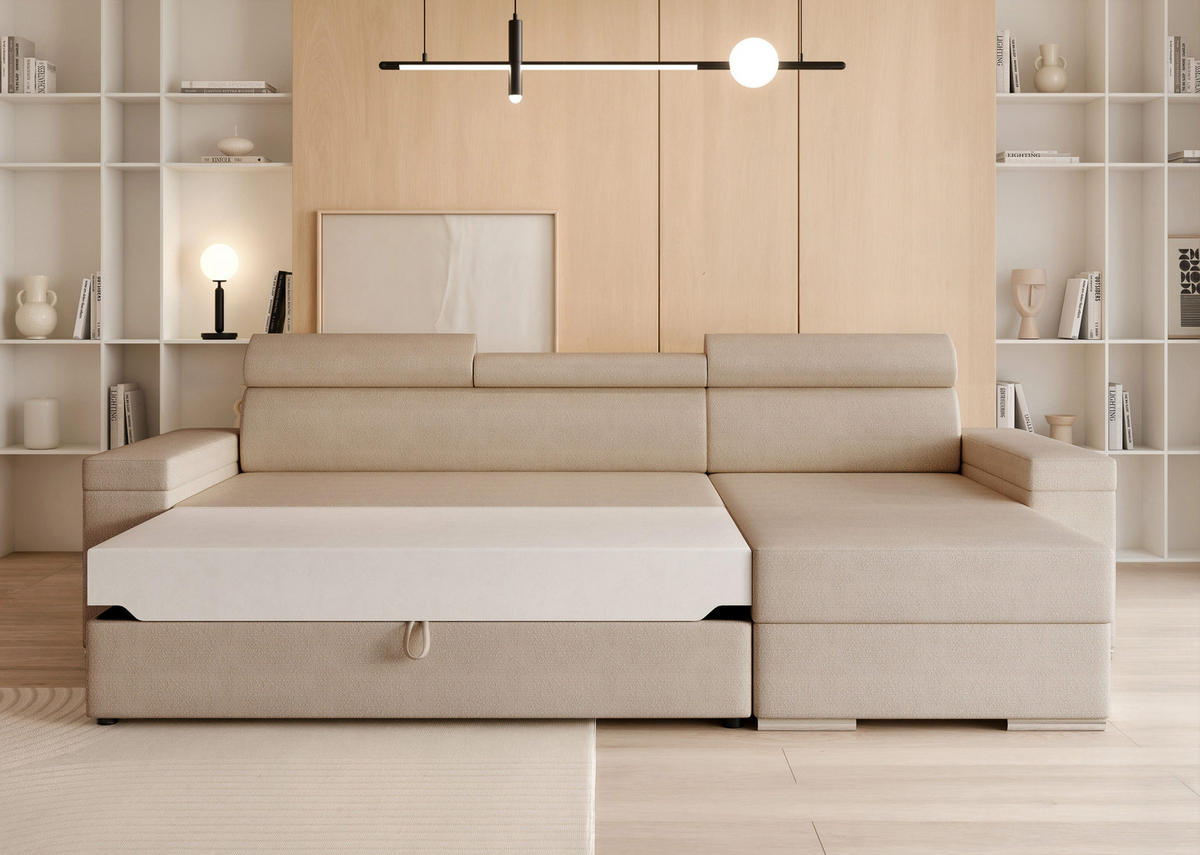 ECKSOFA AISHA mit Schlaffunktion und Bettkasten Beige - Beige, Holzwerkstoff/Kunststoff (250/90cm) - Idohome