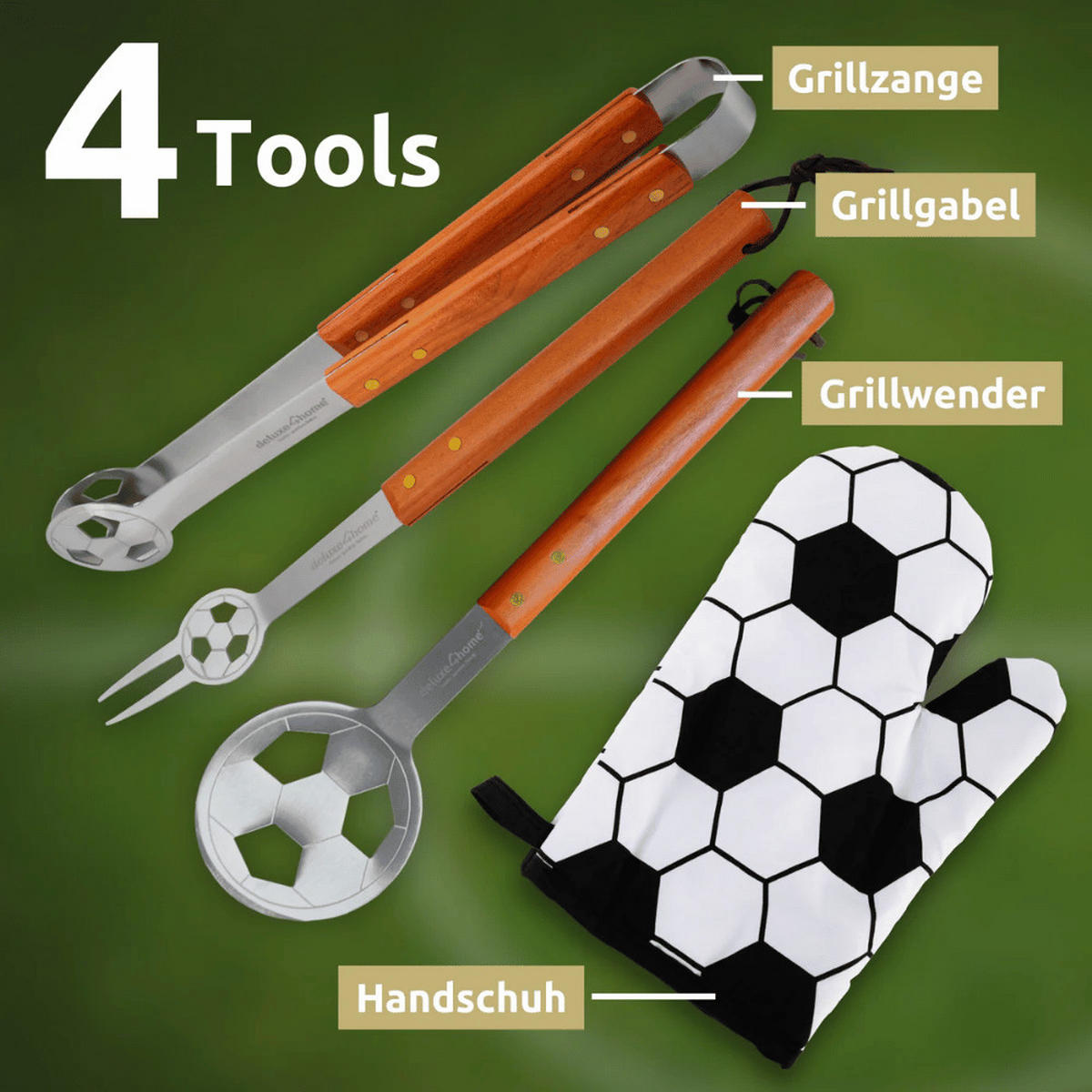 GRILLBESTECK Set SOCCA Grillset für Männer Geschenk - Silberfarben, Metall (50cm) - DELUKE