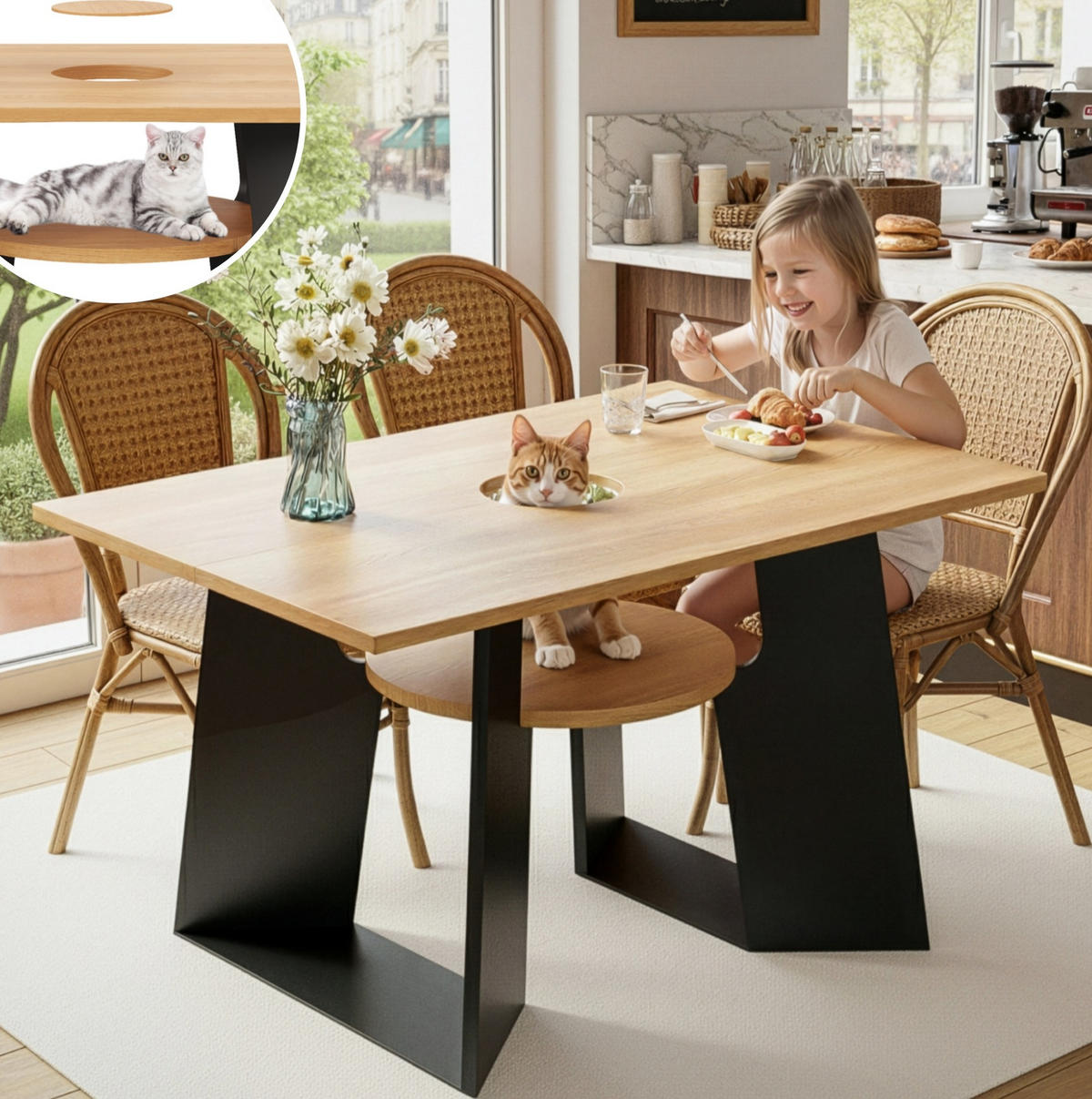 ESSTISCH aus MDF 130x85x75 cm Schwarz/Natur mit Katzenöffnung, Abdeckplatte und unterer Ablage - Schwarz, Holzwerkstoff (130/85/75cm) - Modfu