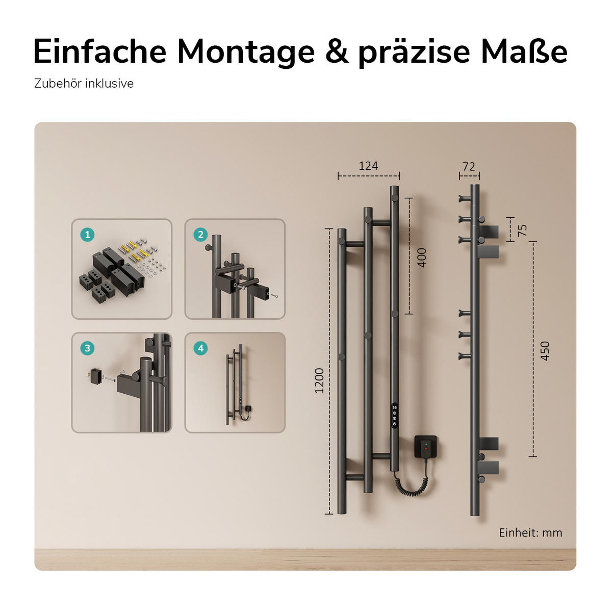 HEIZKÖRPER elektrisch vertikal 115 x 21,6 cm mit Smart-Steuerung Anthrazit - Anthrazit, Metall (21.6/115/9.4cm) - EMKE