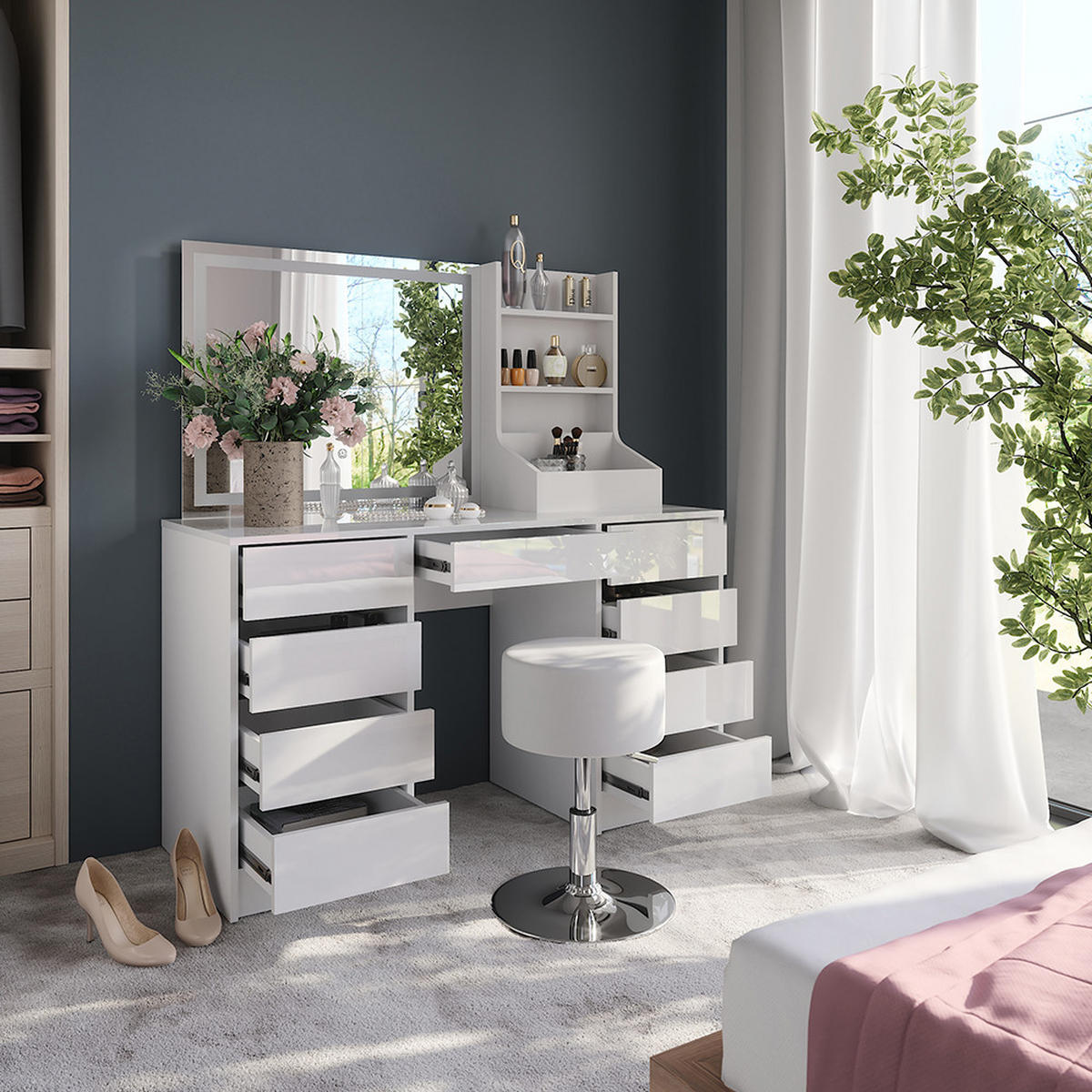 SCHMINKTISCH Sherry Weiß/Weiß Hochglanz 128.2 cm 4 Teile - Weiß Hochglanz, Holzwerkstoff (128.2/76/50.1cm) - Vicco