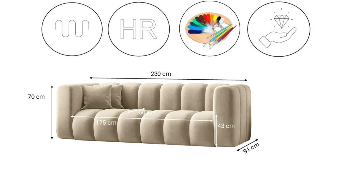 COUCH Dreisitzer-Sofa Grand Modular Stoff Salvador Hellgrau - Creme, Holz (230/70/91cm) - Kaiser Möbel