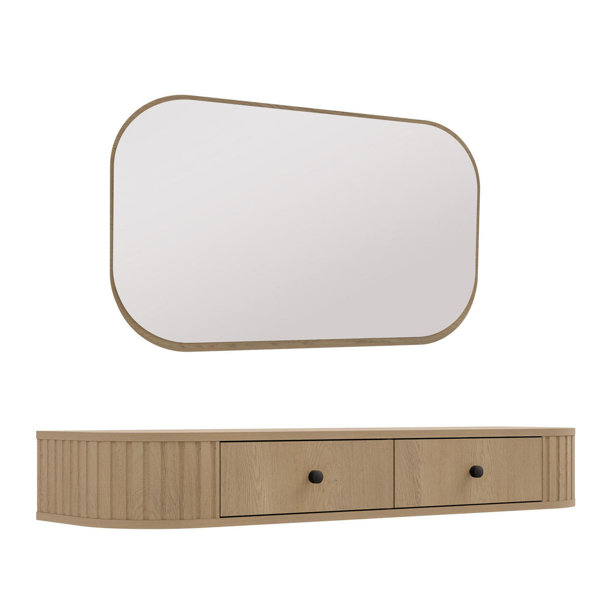 KONSOLENTISCH Halay Eiche Cremona 2 Schubladen mit runden Kanten + Rechteckiger Spiegel - Eichefarben/Schwarz, Holzwerkstoff/Metall (36/123/17.5cm) - AX Living