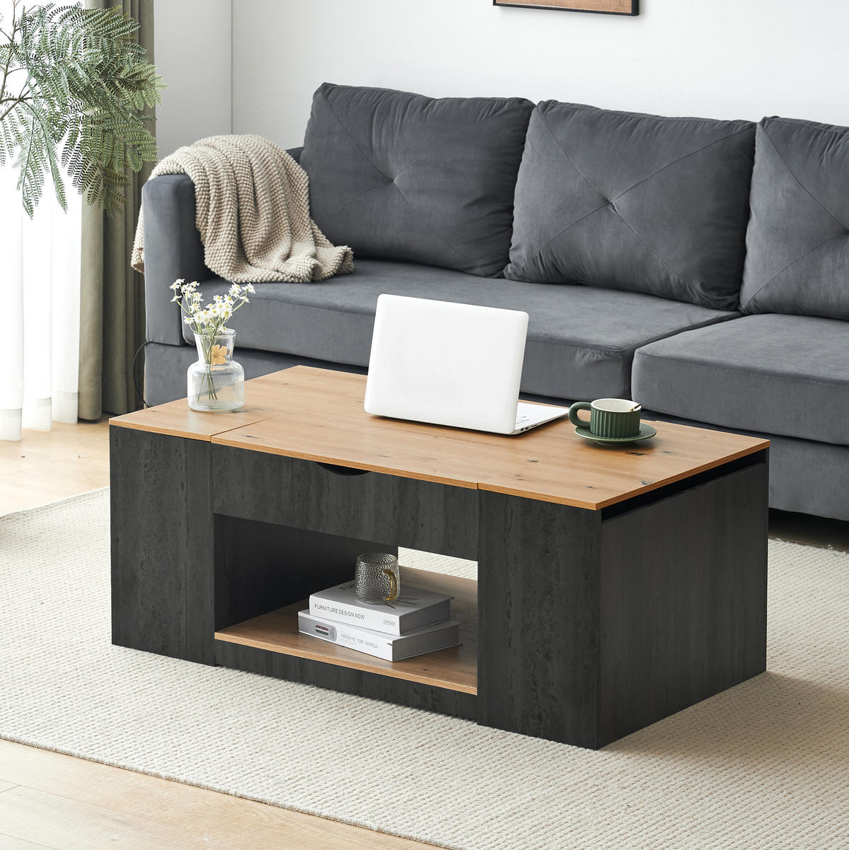 KLUBSKA miza, 109,5/59,7/43 cm, MDF siva/rjava, nastavljiva po višini s prostorom za shranjevanje - siva, leseni material (109.5/59.7/43cm) - BEAOK