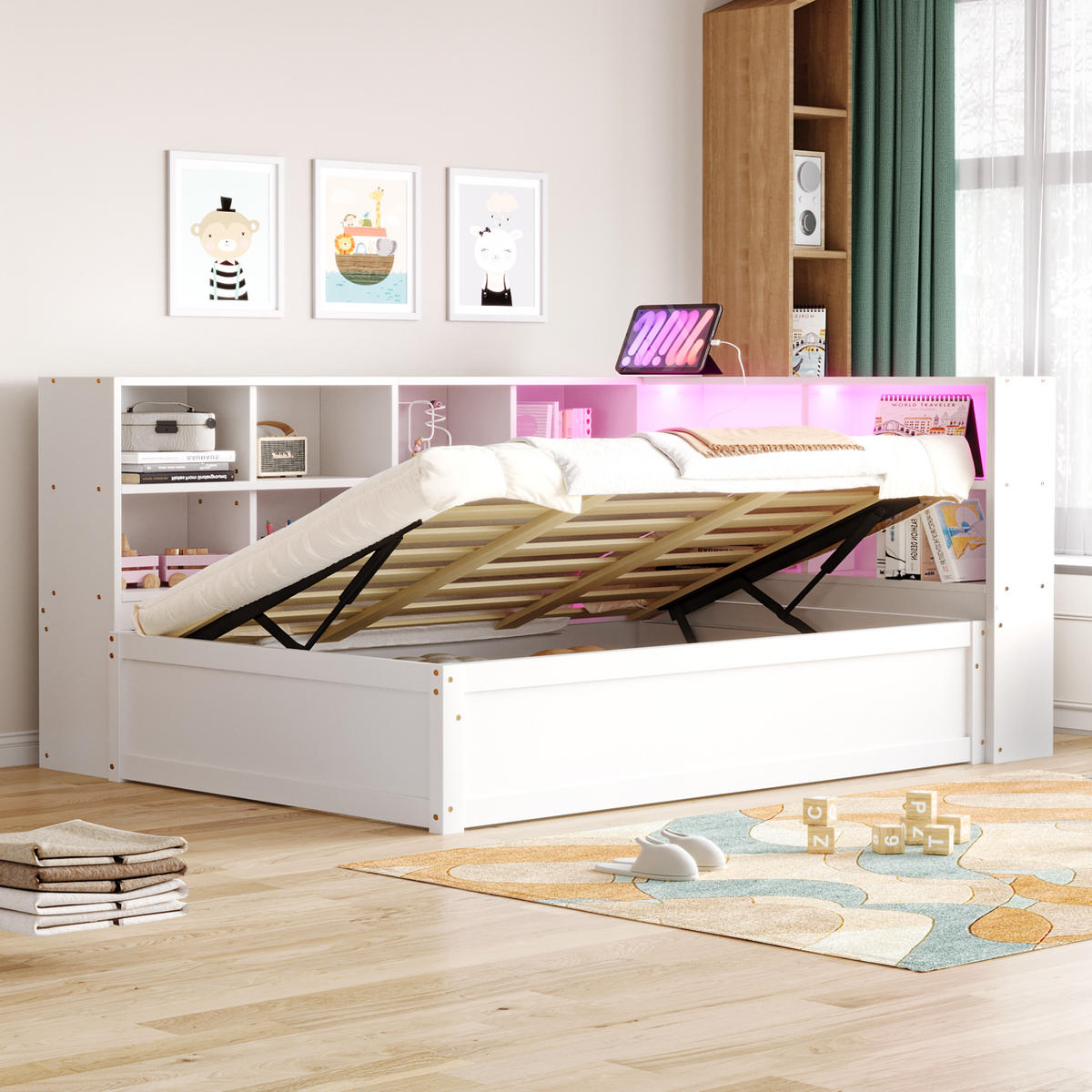 STAURAUMBETT 90/200 cm DE-01383, in Weiß, mit LED, Steckdose und Hydraulik - Weiß, Holz (90/190cm) - ComfortXL