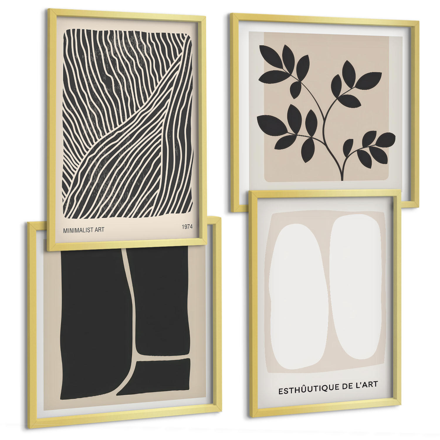 BILDER SET 4er Set - 50x50 cm & 40x60 cm Goldrahmen - Minimalistische Pflanzenmuster - Goldfarben, Kunststoff (50/50cm) - TULUP