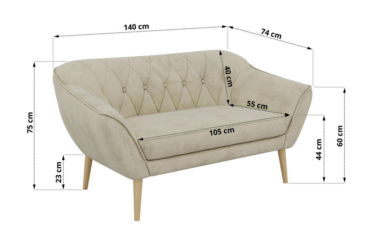 2-SITZER-SOFA PIRS - Beige Velvet - Holzbeine - Beige/Buchefarben, Holzwerkstoff/Textil (140/75/74cm) - MKS