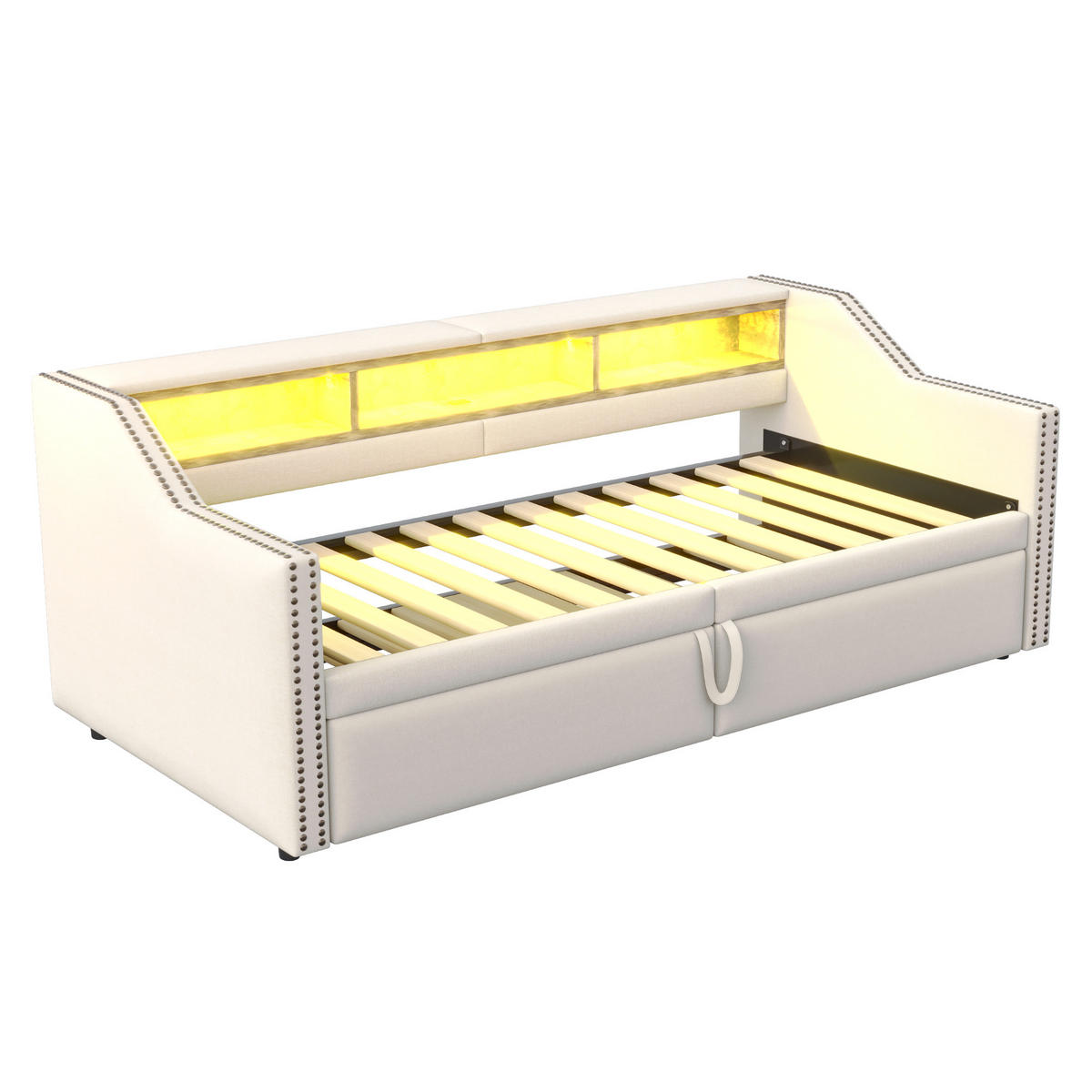AUSZIEHBETT 90/180/200 cm DE-01942, in Beige, mit LED, USB und Staufach - Beige, Metall (90/200cm) - ComfortXL