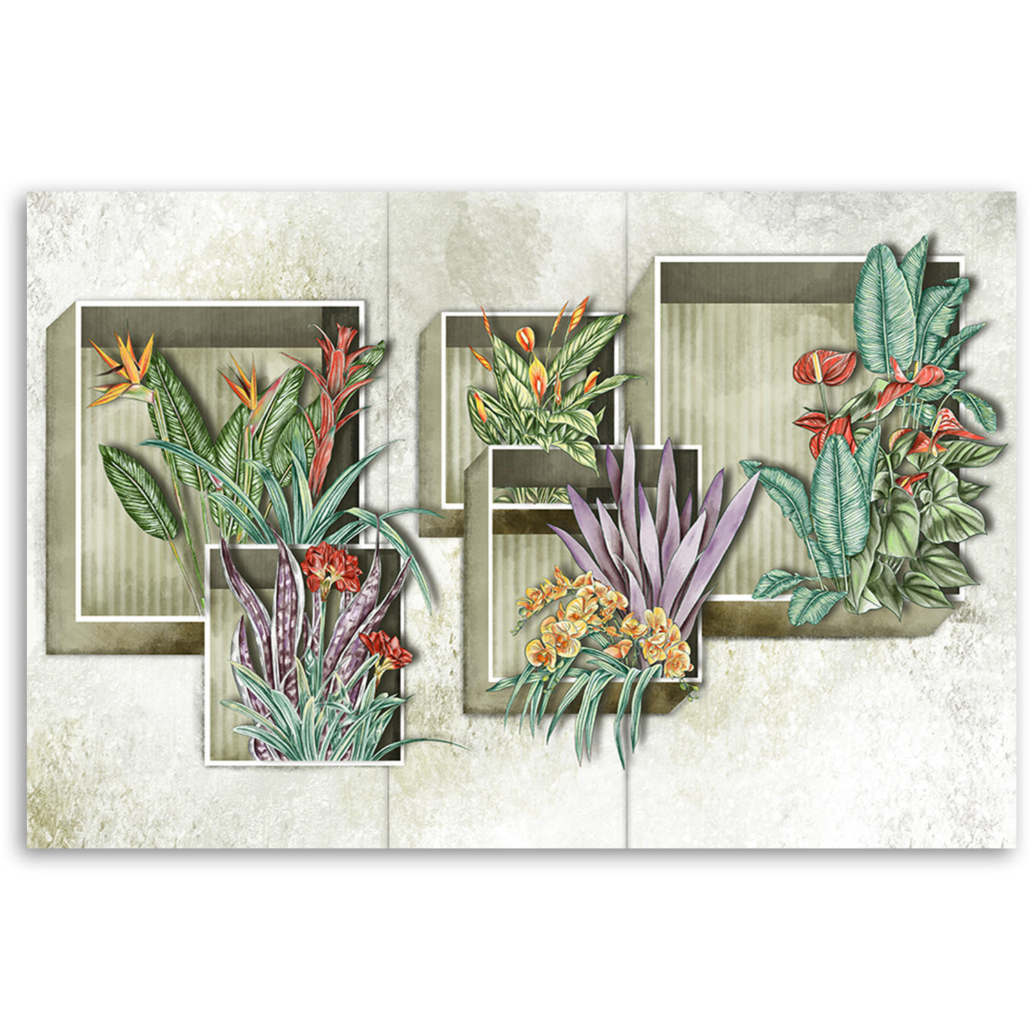 WANDBILD quadratkisten regale mit blumen - Beige, Textil (60/40cm) - Feeby