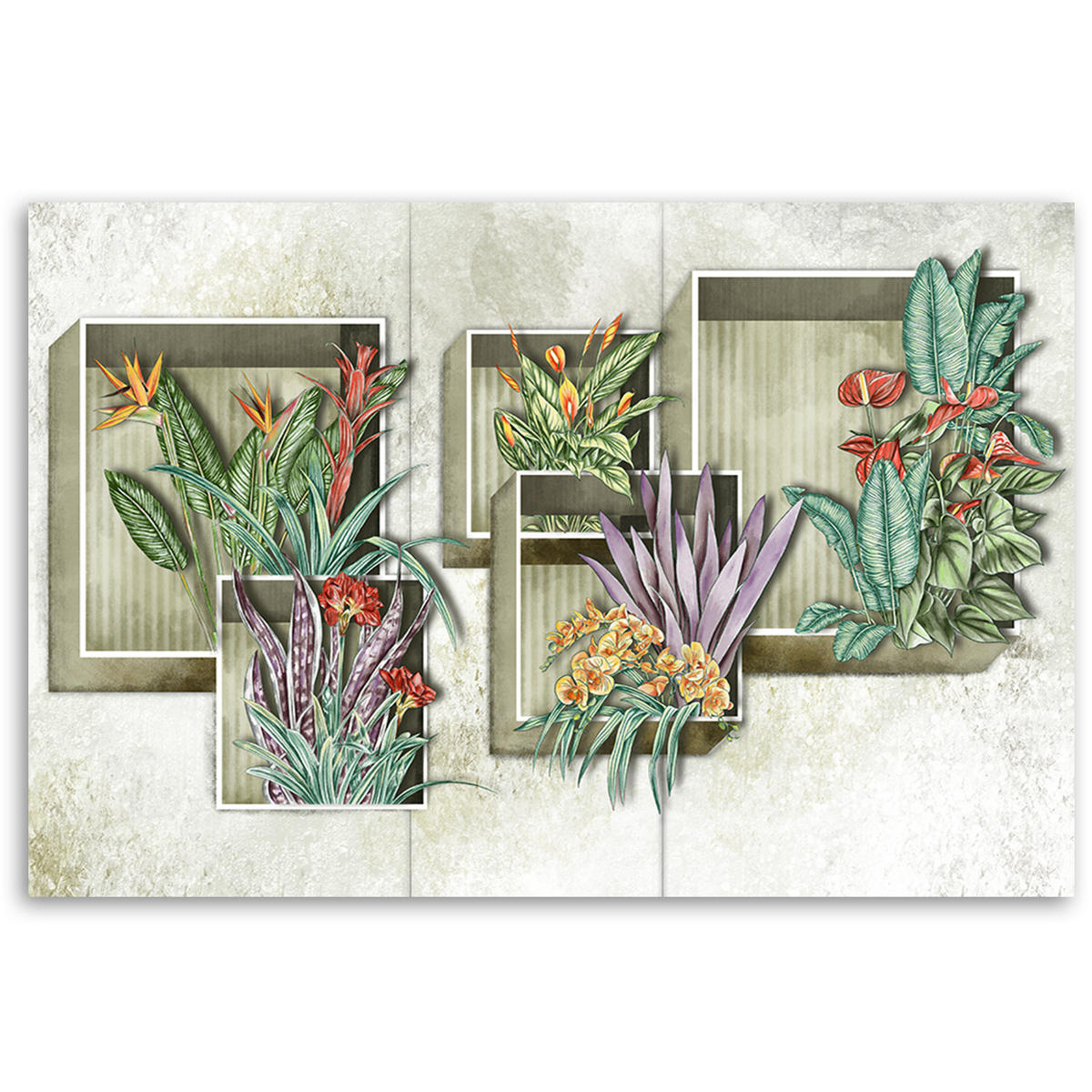 WANDBILD quadratkisten regale mit blumen - Beige, Textil (60/40cm) - Feeby