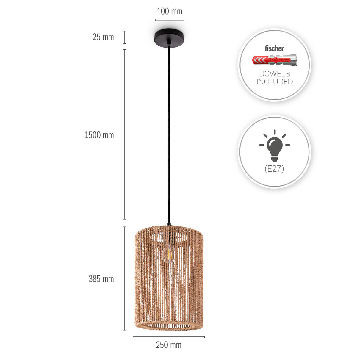 PENDELLEUCHTE Hugo Pd1 Ricarda - Schwarz, Metall (25/25/38.5cm) - Paco Home