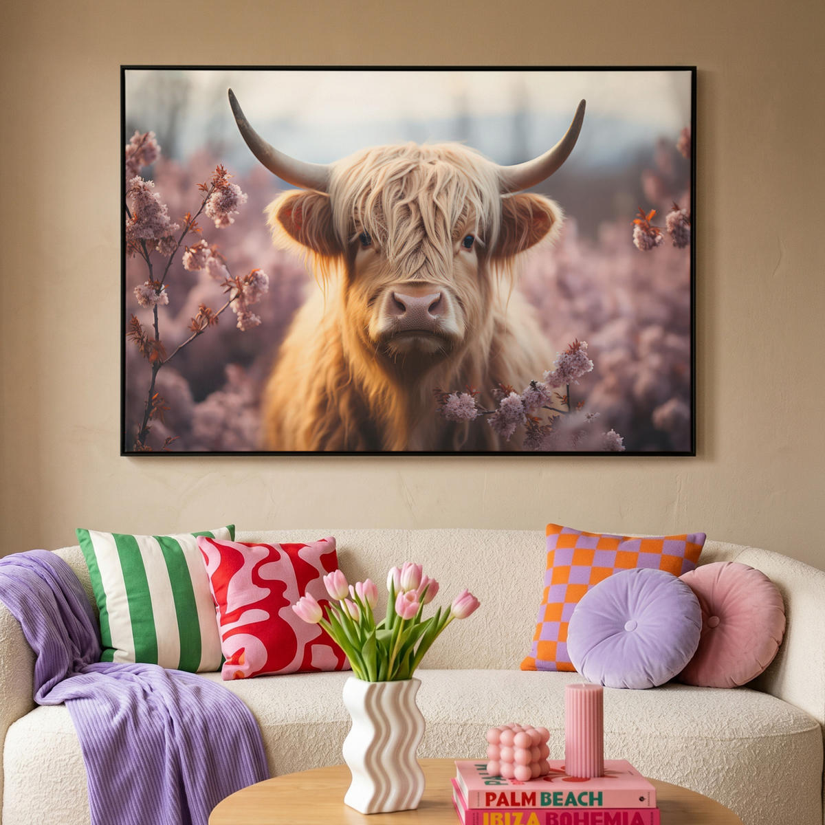 LEINWAND Bilder mit Rahmen - Schottischer Hochländer - Frühling - Hochland - 140x90 - Hellrosa, Textil (140/90cm) - MuchoWow