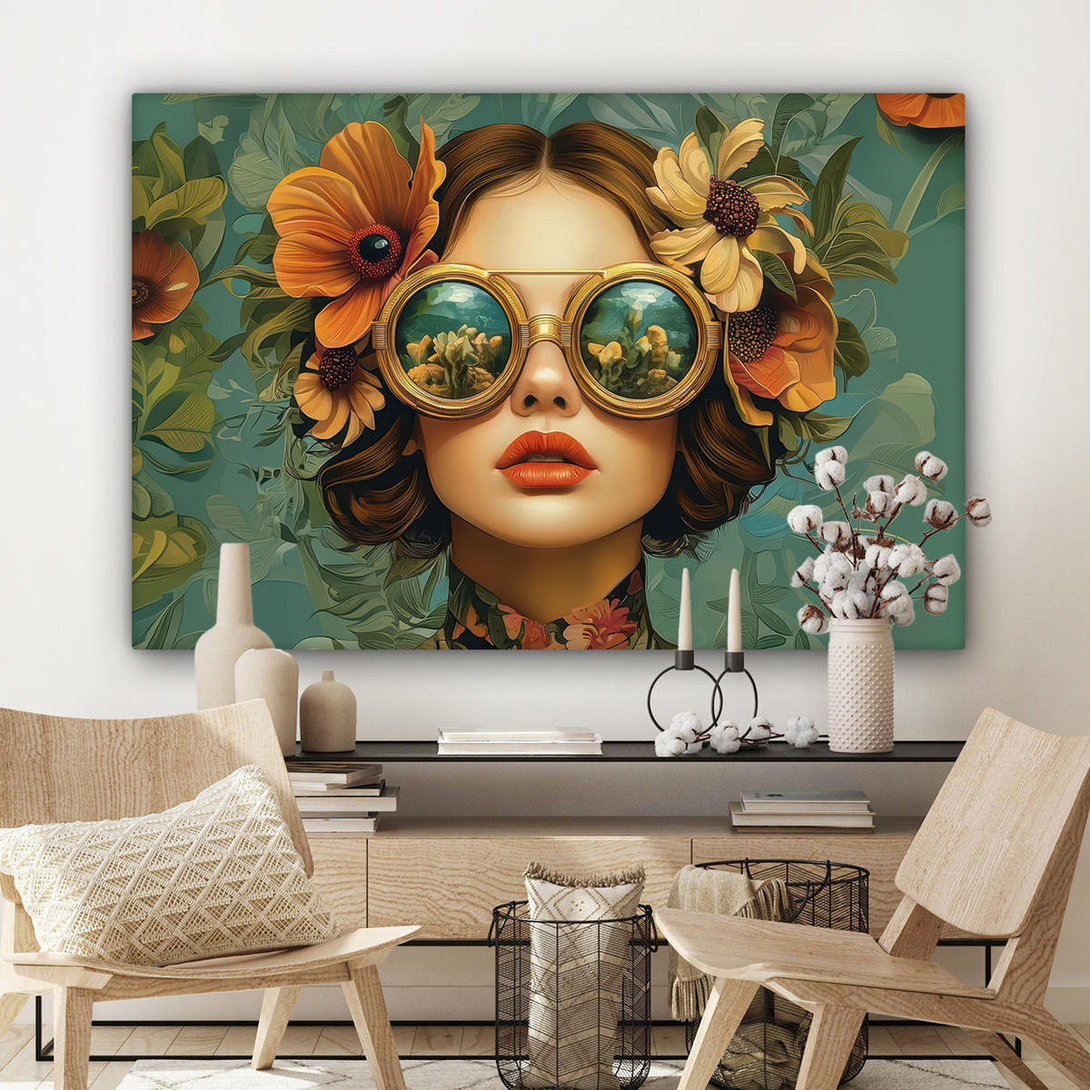 LEINWANDBILD Frau - Blumen - Schmetterlinge - Natur - Vintage Groß 140x90 cm - Salbeigrün, Textil (140/90cm) - MuchoWow