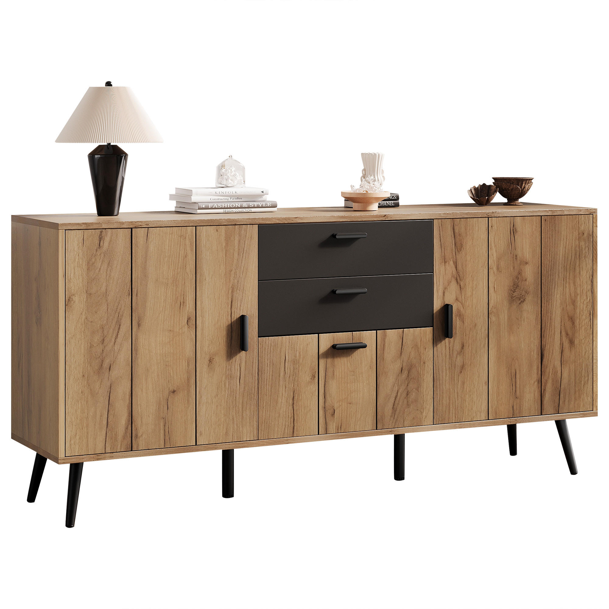 SIDEBOARD in Schwarz und Naturfarben mit 2 Schubladen und 3 Türen für Wohnzimmer, B140/T35/H67 cm - Schwarz/Naturfarben, Holzwerkstoff (140/67/35cm) - STILVORA