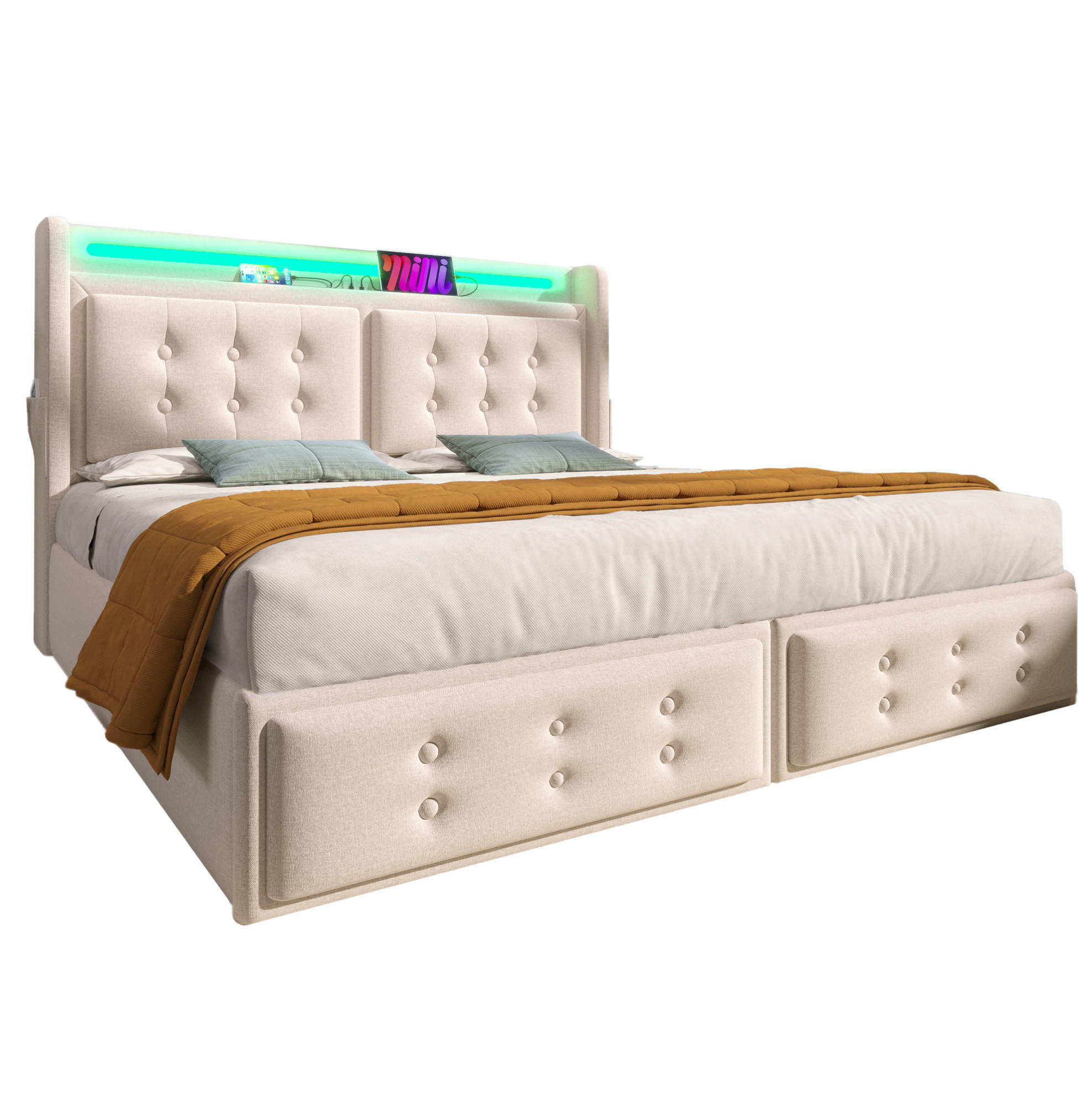 POLSTERBETT 140/200 cm mit LED, USB/Typ-C & 4 Schubladen, gepolstertes Kopfteil,Beige - Beige, Textil (140/200cm) - Redom