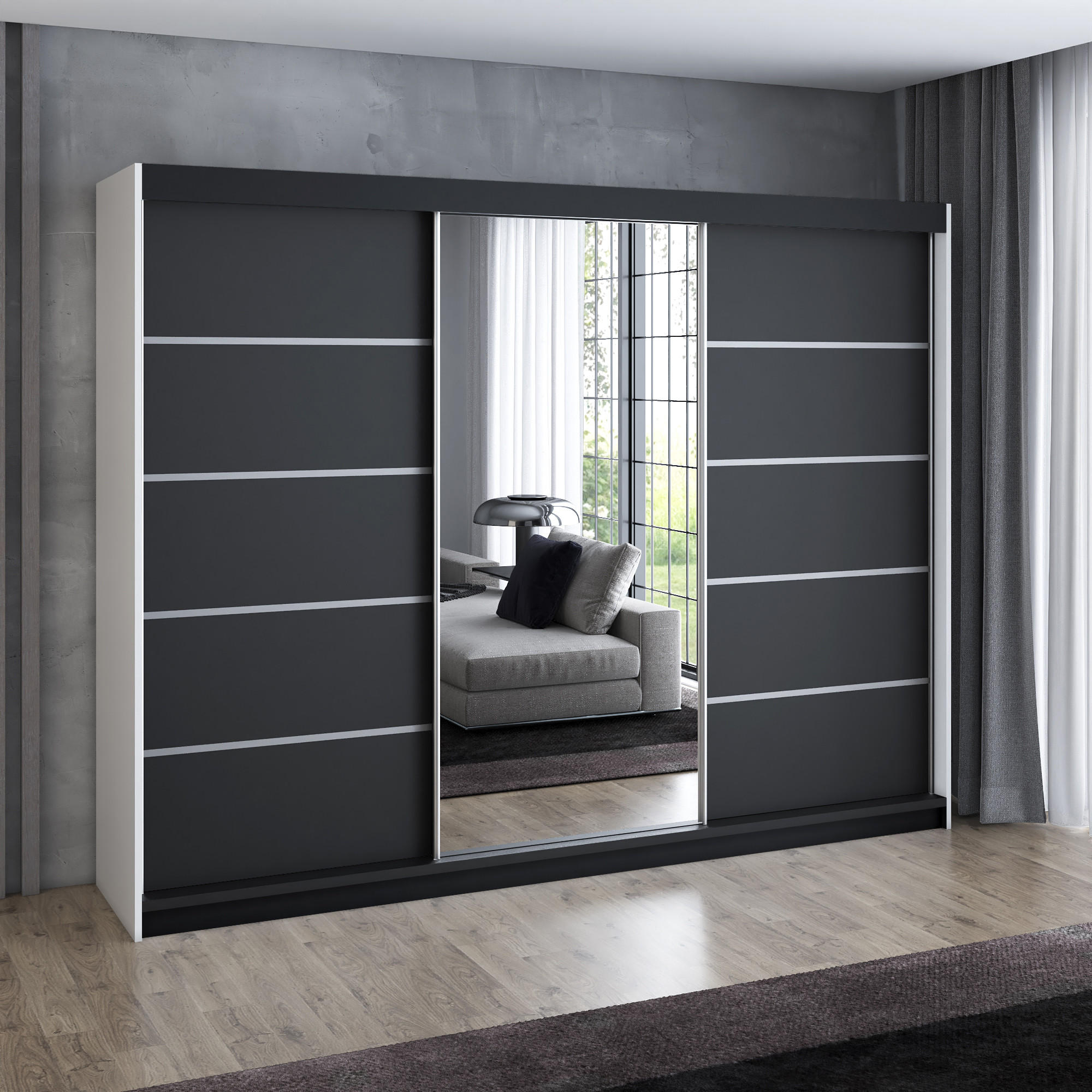 SCHWEBETÜRENSCHRANK 200 cm VILANO 3 Farbe: Weiß|schwarz|schwarz - Schwarz/Weiß, Holzwerkstoff (200/215/59.5cm) - A&J MöbelLand