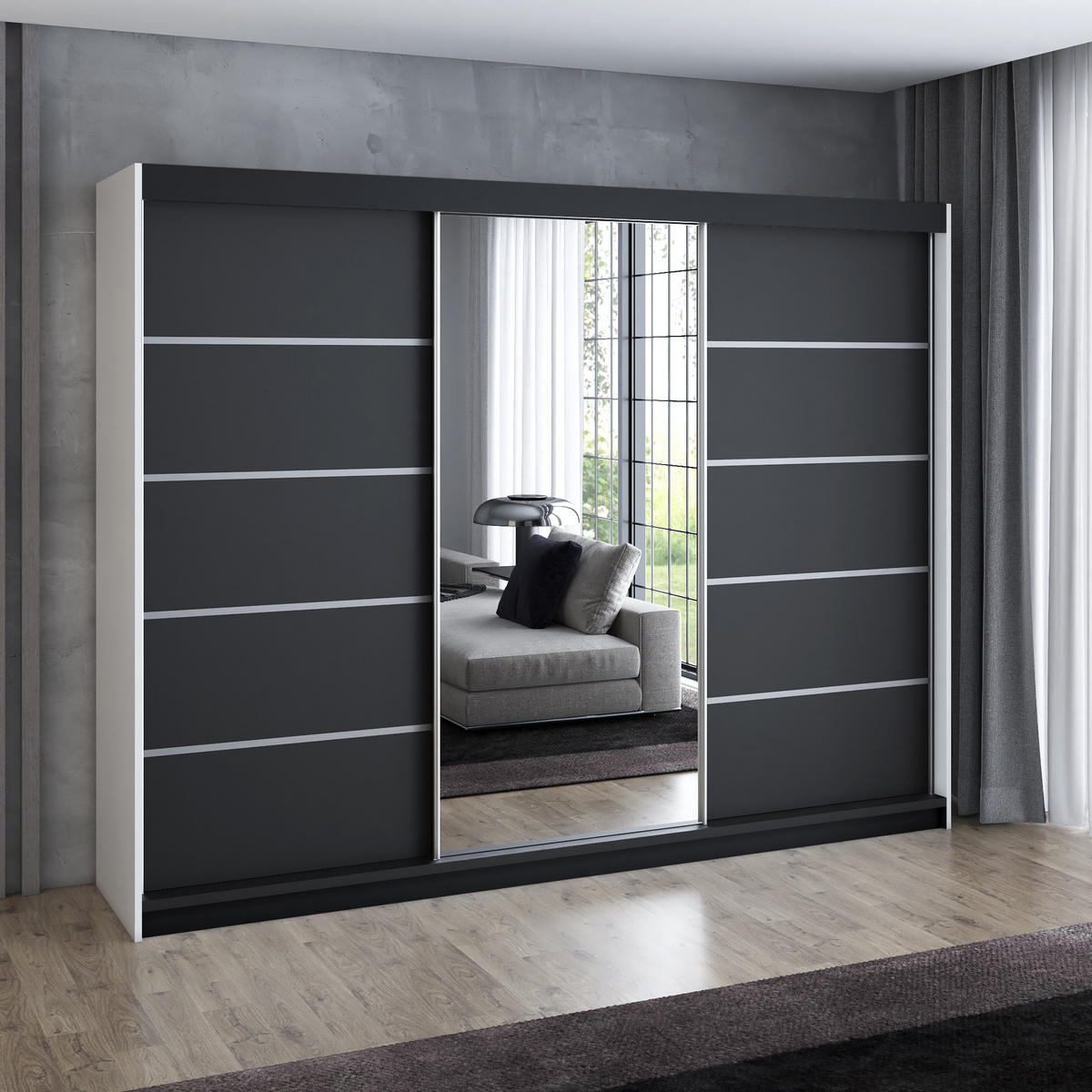 SCHWEBETÜRENSCHRANK 200 cm VILANO 3 Farbe: Weiß|schwarz|schwarz - Schwarz/Weiß, Holzwerkstoff (200/215/59.5cm) - A&J MöbelLand