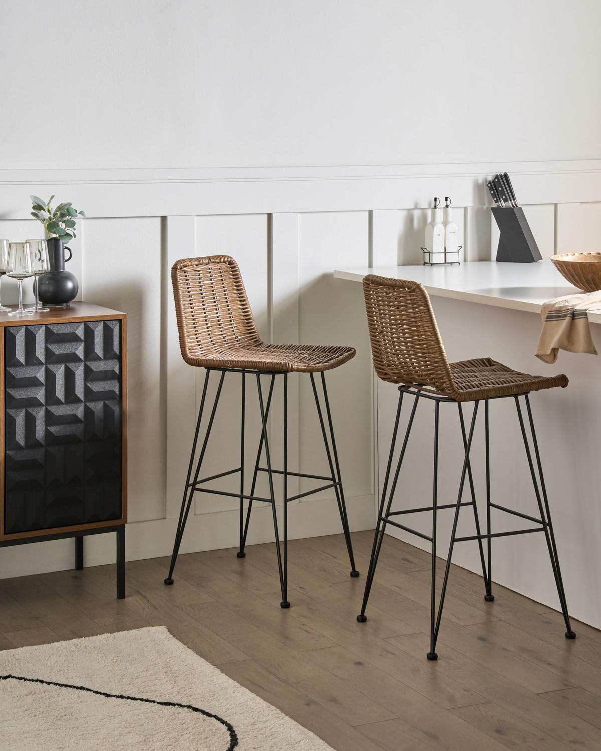 BARHOCKER 2er-Set Rattan Braun Cassita - Schwarz/Braun, Holz (43/100/50cm) - Beliani
