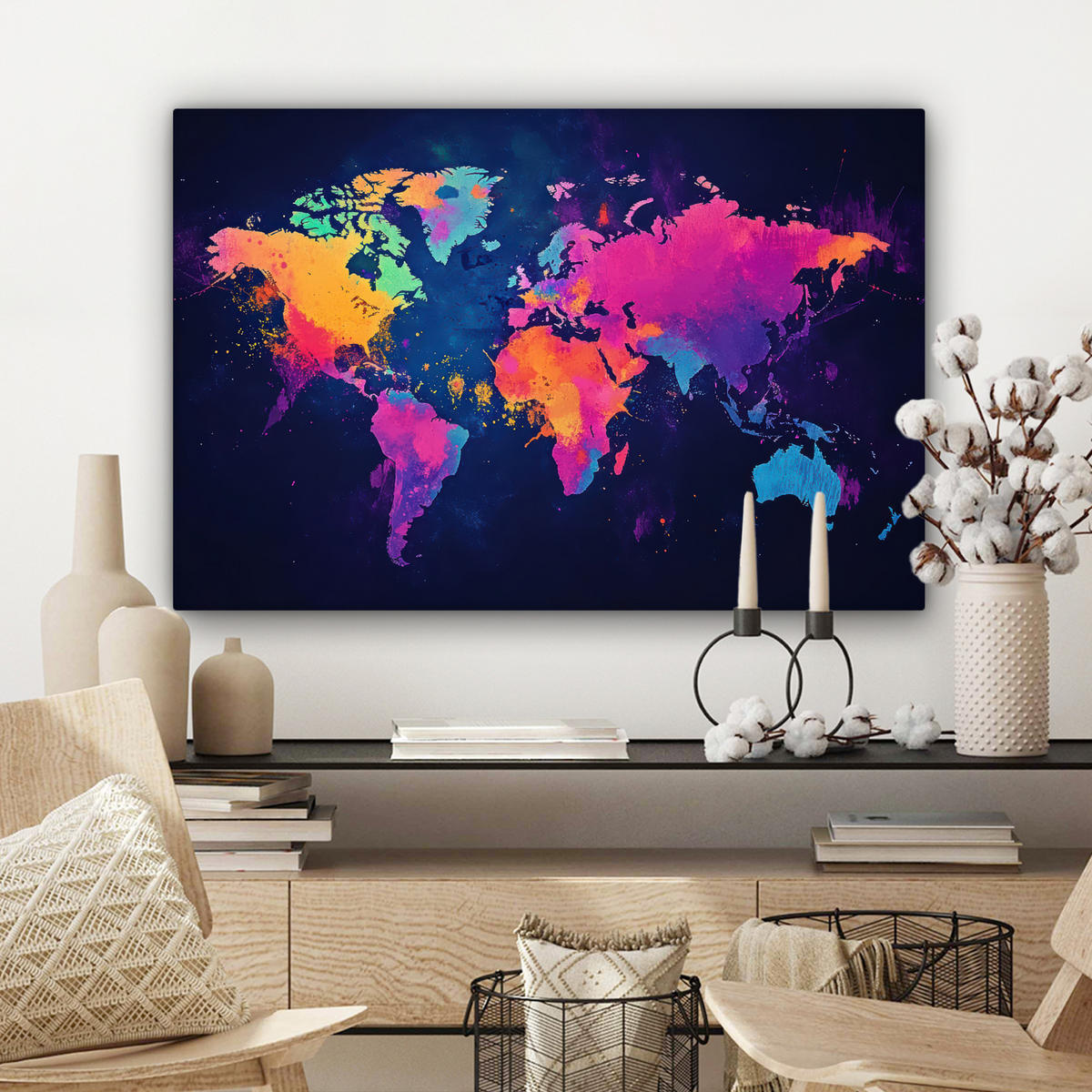 LEINWANDBILD Weltkarte - Bunt - Graffiti Wanddeko 90x60 cm - Multicolor, Textil (90/60cm) - MuchoWow