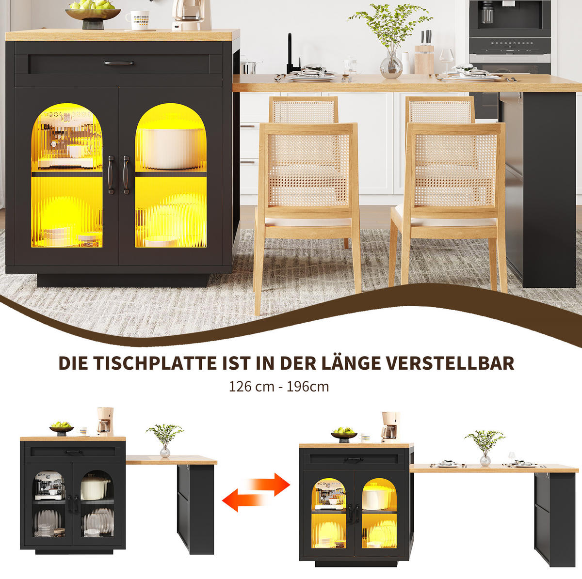 KUCHYNSKÝ ostrovček 126–196/59/94 cm čierny z MDF s výsuvnou doskou LED osvetlením a úložným priestorom - čierna, kompozitné drevo (196/94/59cm) - OKWISH