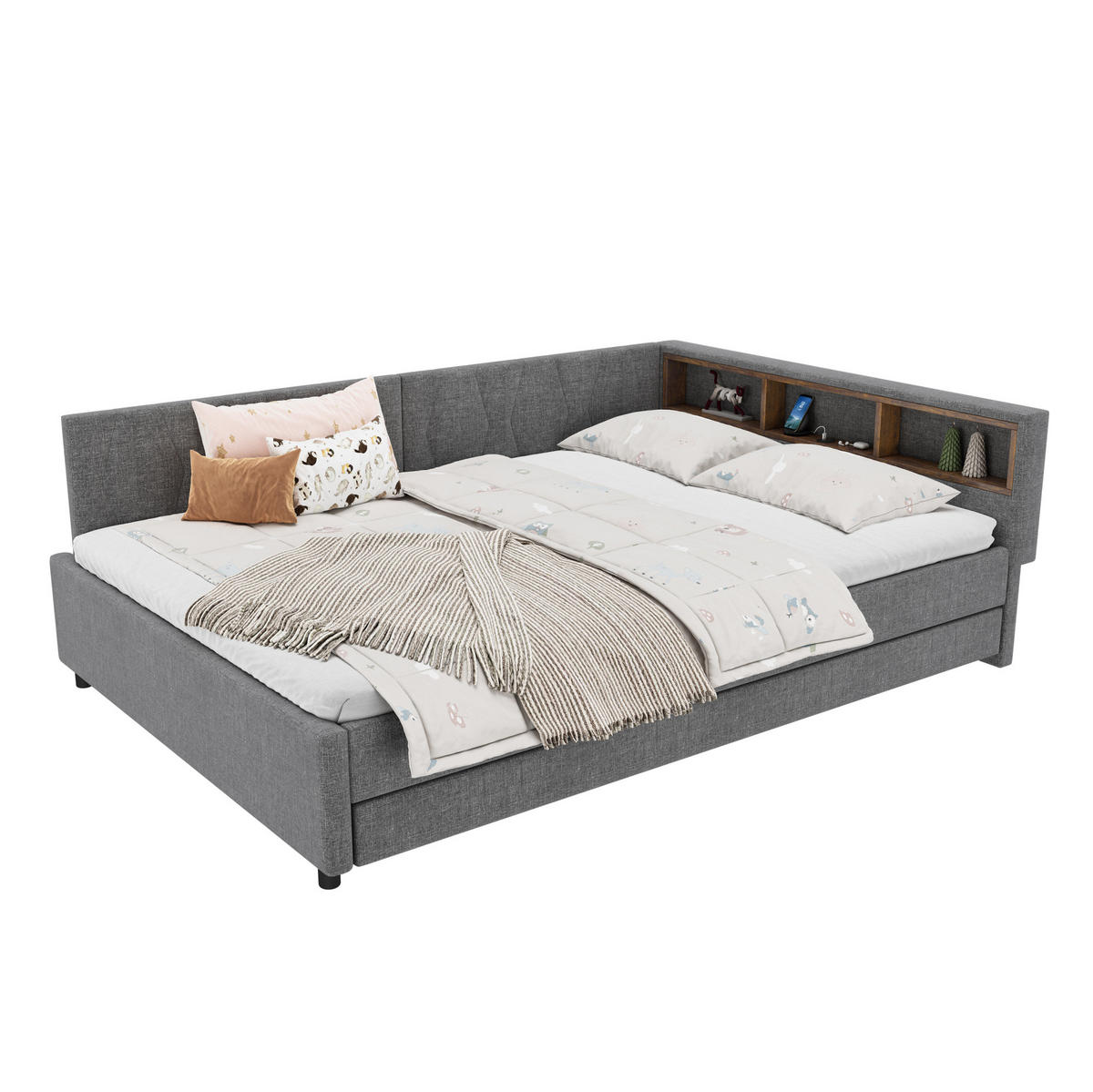 POLSTERBETT 140/200 cm mit LED-Beleuchtung, USB-C und ausziehbarem Gästebett - Grau, Textil (140/200cm) - BEAOK