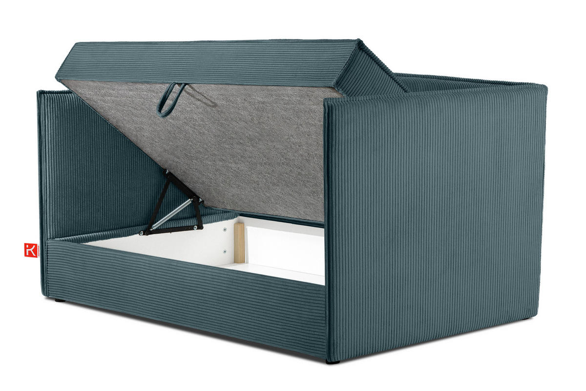 JUGENDBETT ROTI Einzelbett mit Bettkasten, 90x200cm, Bett mit Bonellmatratze, mit Rückenlehne - Blau/Schwarz, Holz/Holzwerkstoff (92/200cm) - KONSIMO®