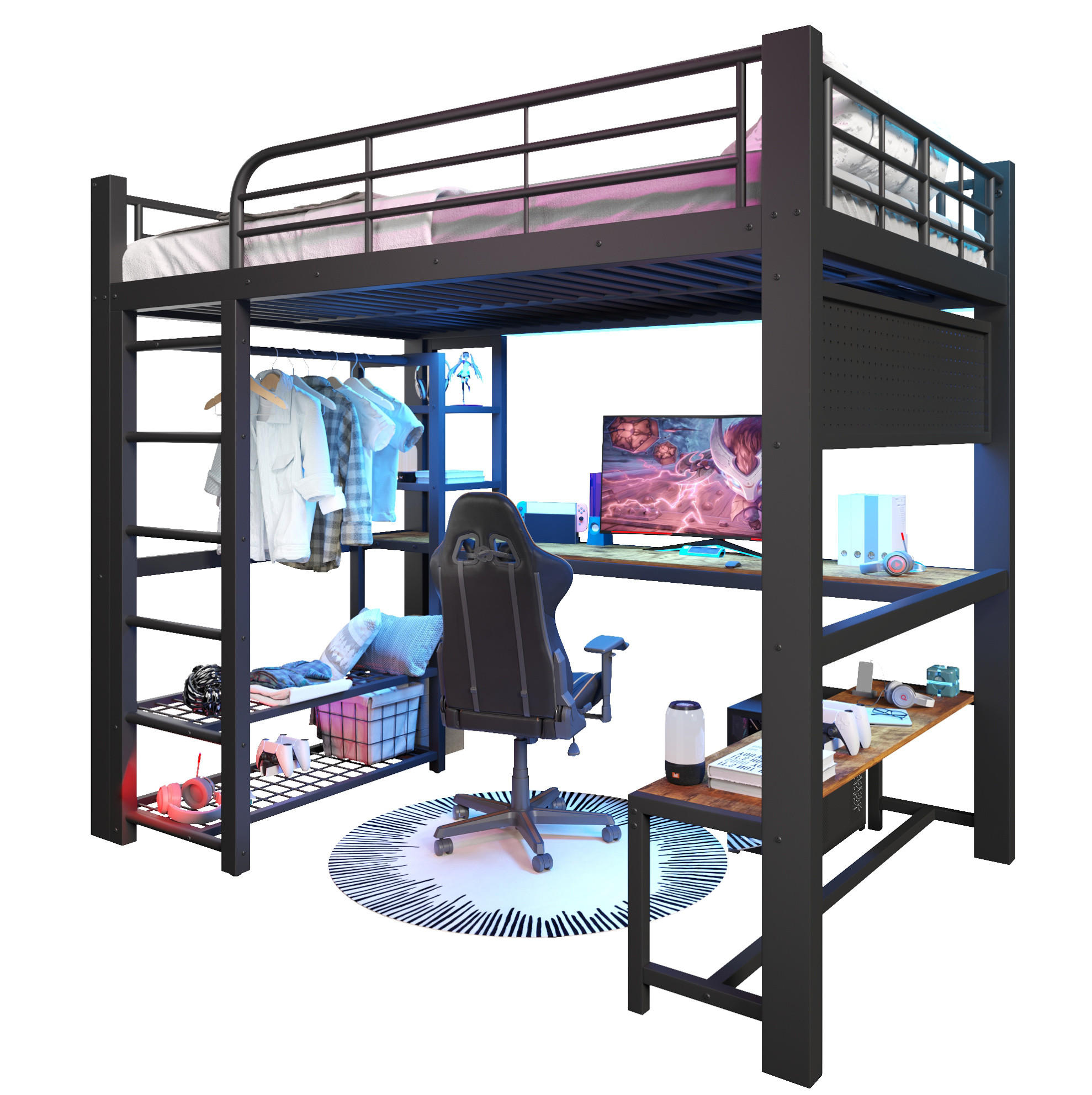 HOCHBETT 140/200 cm mit LED-Beleuchtung, Schreibtisch, Ablagen und Kleiderstange, Schwarz - Schwarz, Metall (140/200cm) - Redom