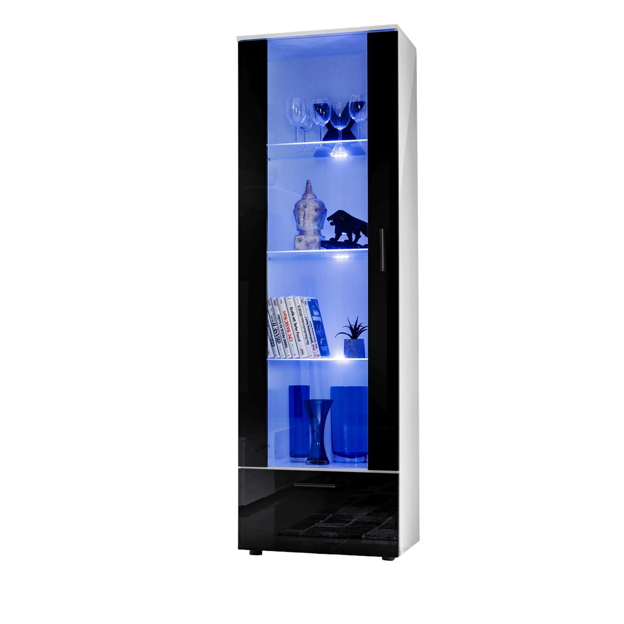 VITRINE ALESSANDRIA, Schwarz, LED Blau - Schwarz/Weiß, Glas/Holzwerkstoff (60/192/42cm) - Komodee