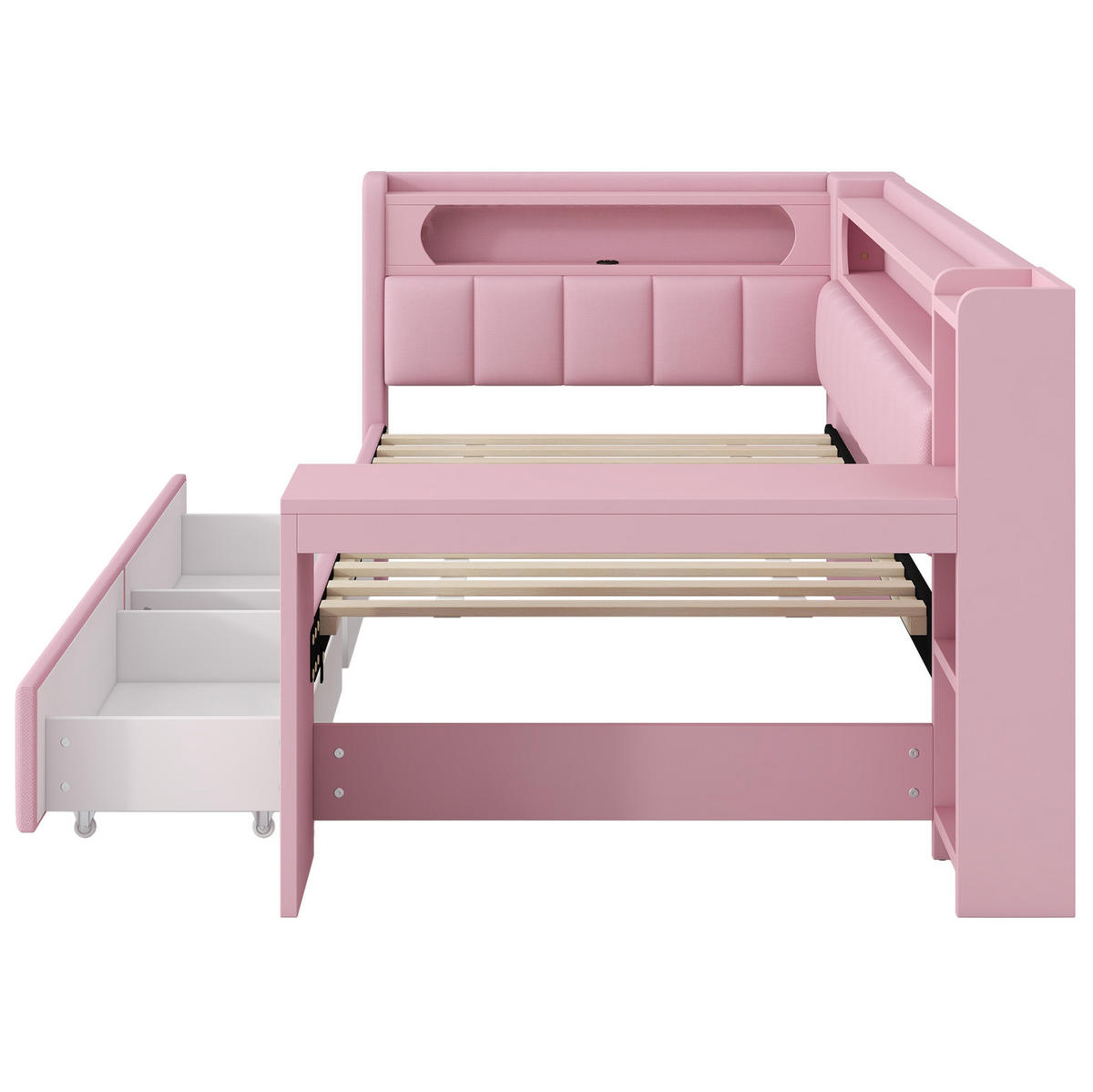 GEPOLSTERTES Tagesbett 90/200 cm mit LED-Beleuchtung, USB-Anschluss, Schreibtisch und 2 Schubladen, Rosa - Rosa, Holzwerkstoff (90/200cm) - Redom