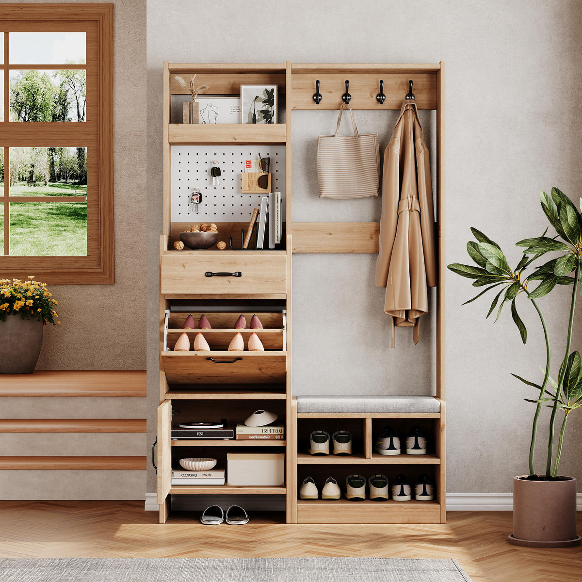 GARDEROBENSET Wand mit Schuhbank 4 Haken Natural 108.5x35x180cm - Multicolor, Holzwerkstoff (35/180/108.5cm) - FLIEKS