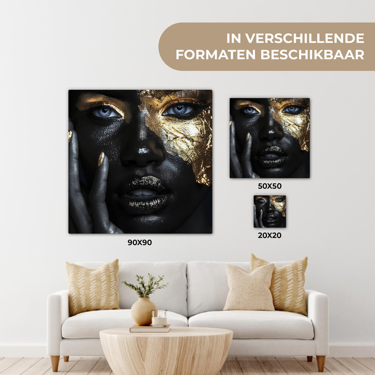 LEINWANDBILD Frau - Gold - Porträt - Schwarz-Weiß - Luxus Deko Groß 90x90 cm - Hellblau, Textil (90/90cm) - MuchoWow
