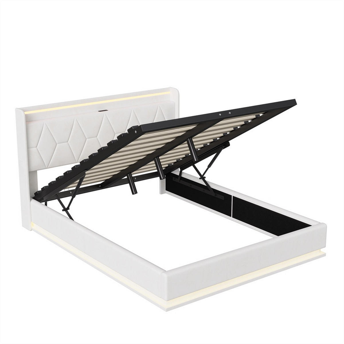 POLSTERBETT 160x200 cm - Hydraulisches Stauraumbett mit LED-Beleuchtung und USB-Ladeanschluss - ohne Matratze - Weiß - Weiß, Textil (160/200cm) - DELFA