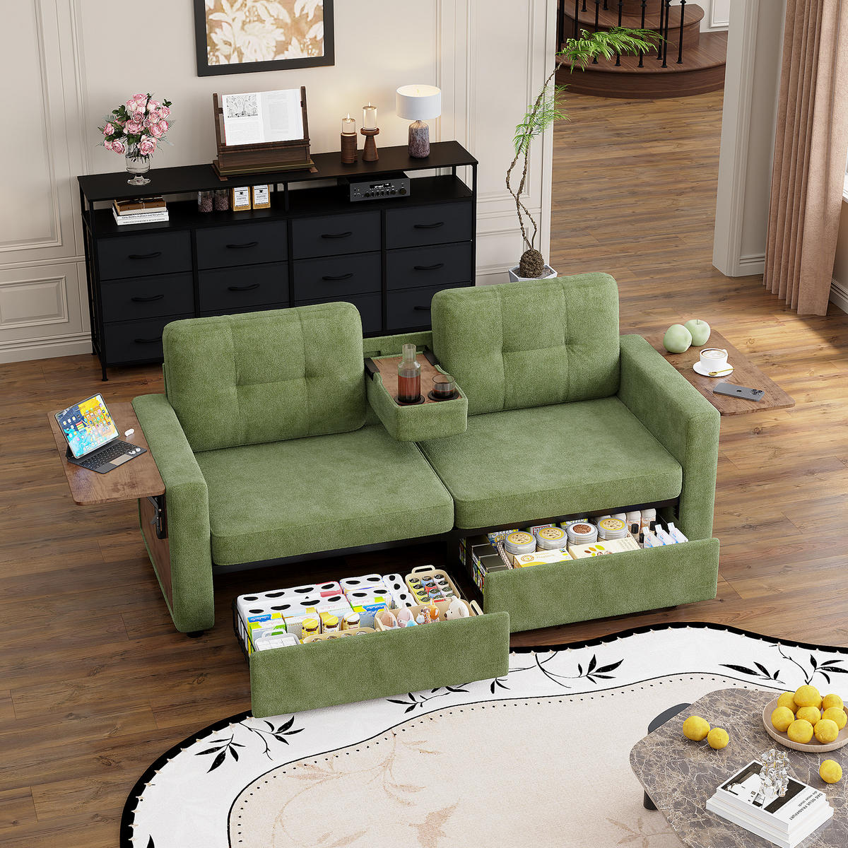 2-SITZER-SOFA mit Laptop-Tisch und Stauraum, DE-42611, Grün - Grün, Metall (178/57.5/71cm) - ComfortXL