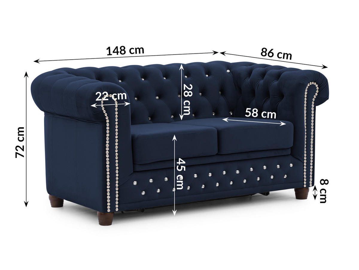 CHESTERFIELD-SOFA 2-Sitzer mit Schlaffunktion Cleo Blink Marineblau Samt mit Kristallsteppung und braunen Massivholzfüßen - Blau/Braun, Holz/Textil (148/72/86cm) - S-Style Möbel